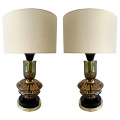 Contemporary Pair of Brass and Murano Glass Flower Lamps, Italy