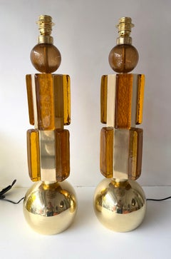 Contemporary Pair of Brass and Murano Glass Lamps, Italy