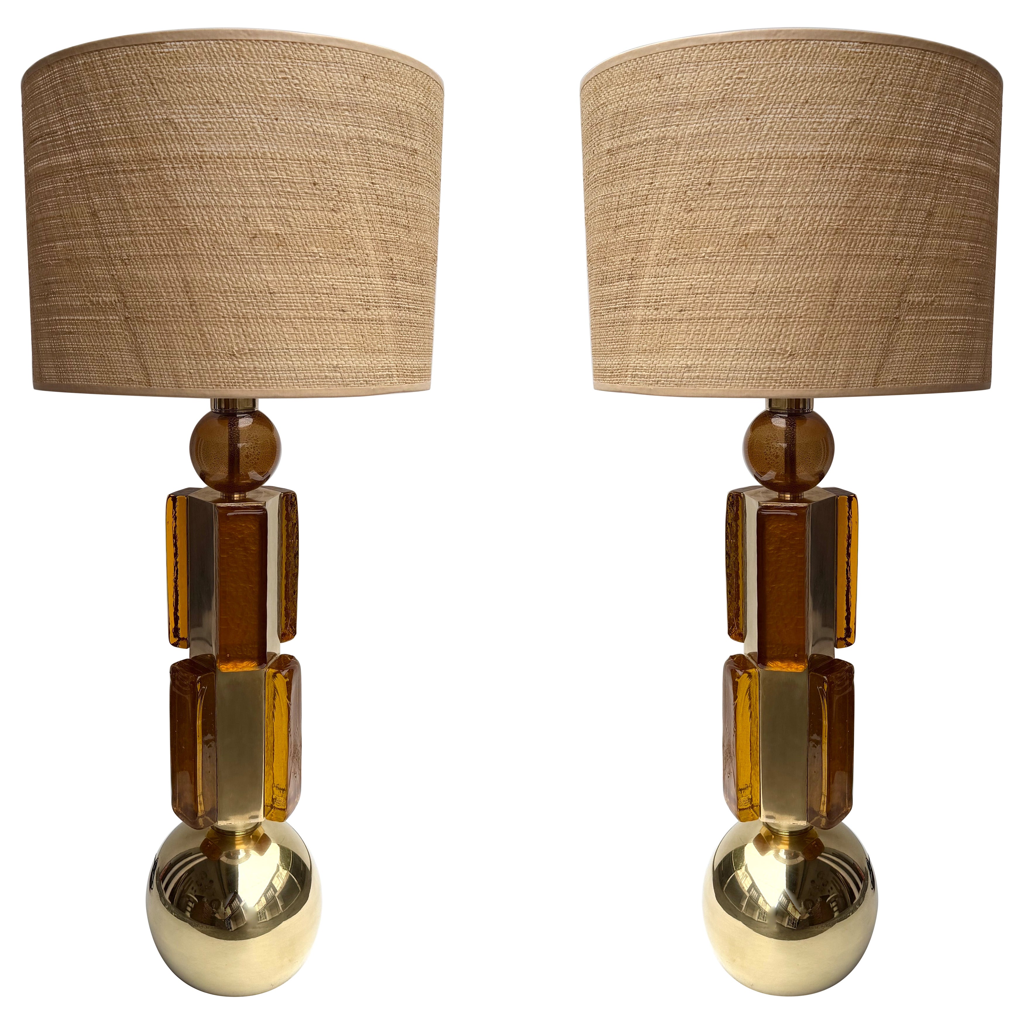 Contemporary Pair of Brass and Murano Glass Lamps, Italy