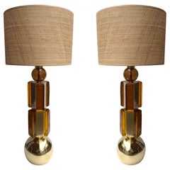 Contemporary Pair of Brass and Murano Glass Lamps, Italy