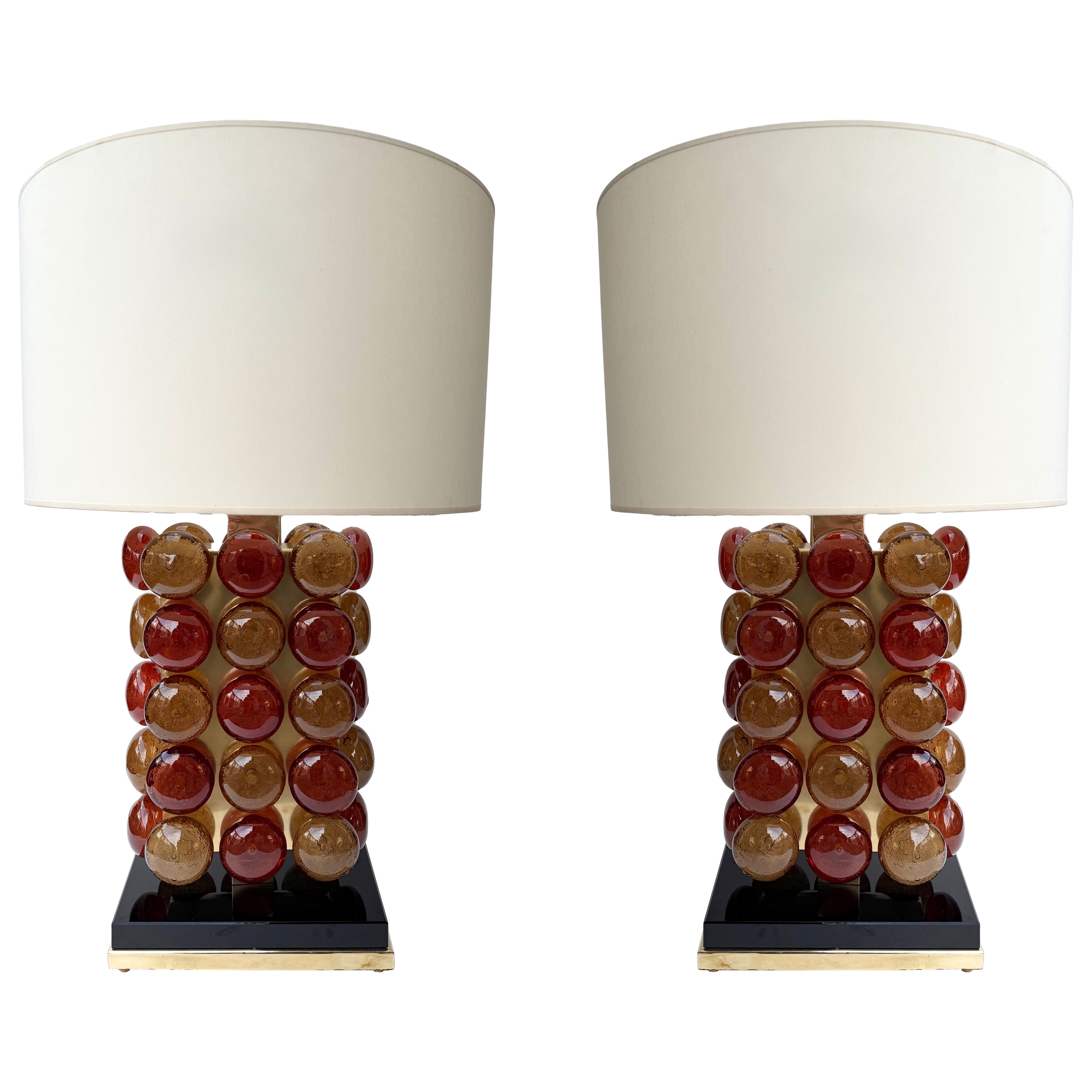Contemporary Pair of Brass and Murano Glass Macaroons Lamps, Italy For Sale