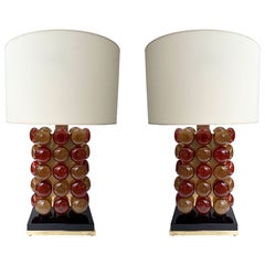 Contemporary Pair of Brass and Murano Glass Macaroons Lamps, Italy