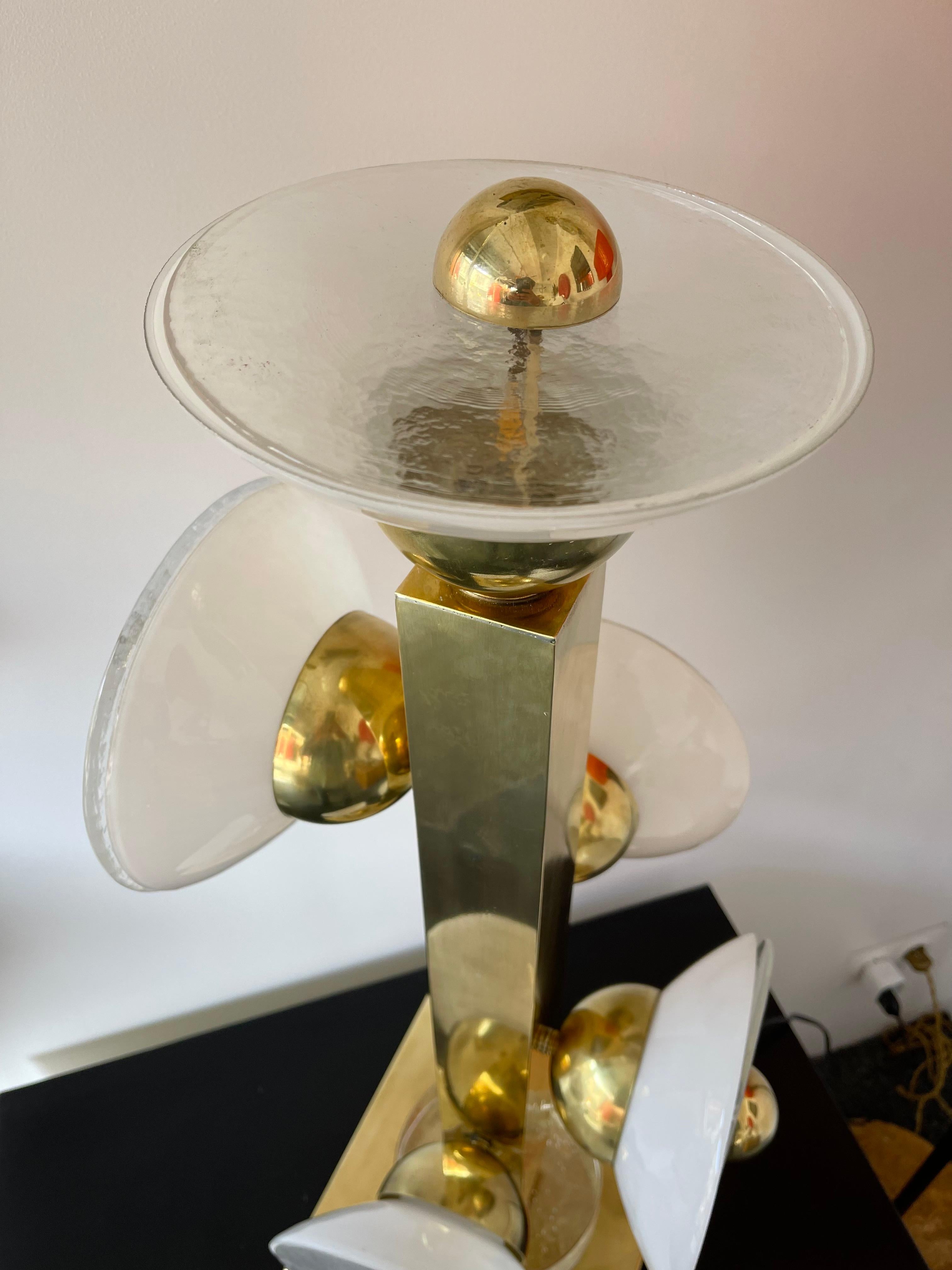 Italian Contemporary Pair of Brass and Murano Glass Parabolical Lamps, Italy For Sale