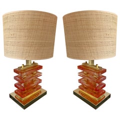 Contemporary Pair of Brass and Murano Glass Red Blade Lamps, Italy