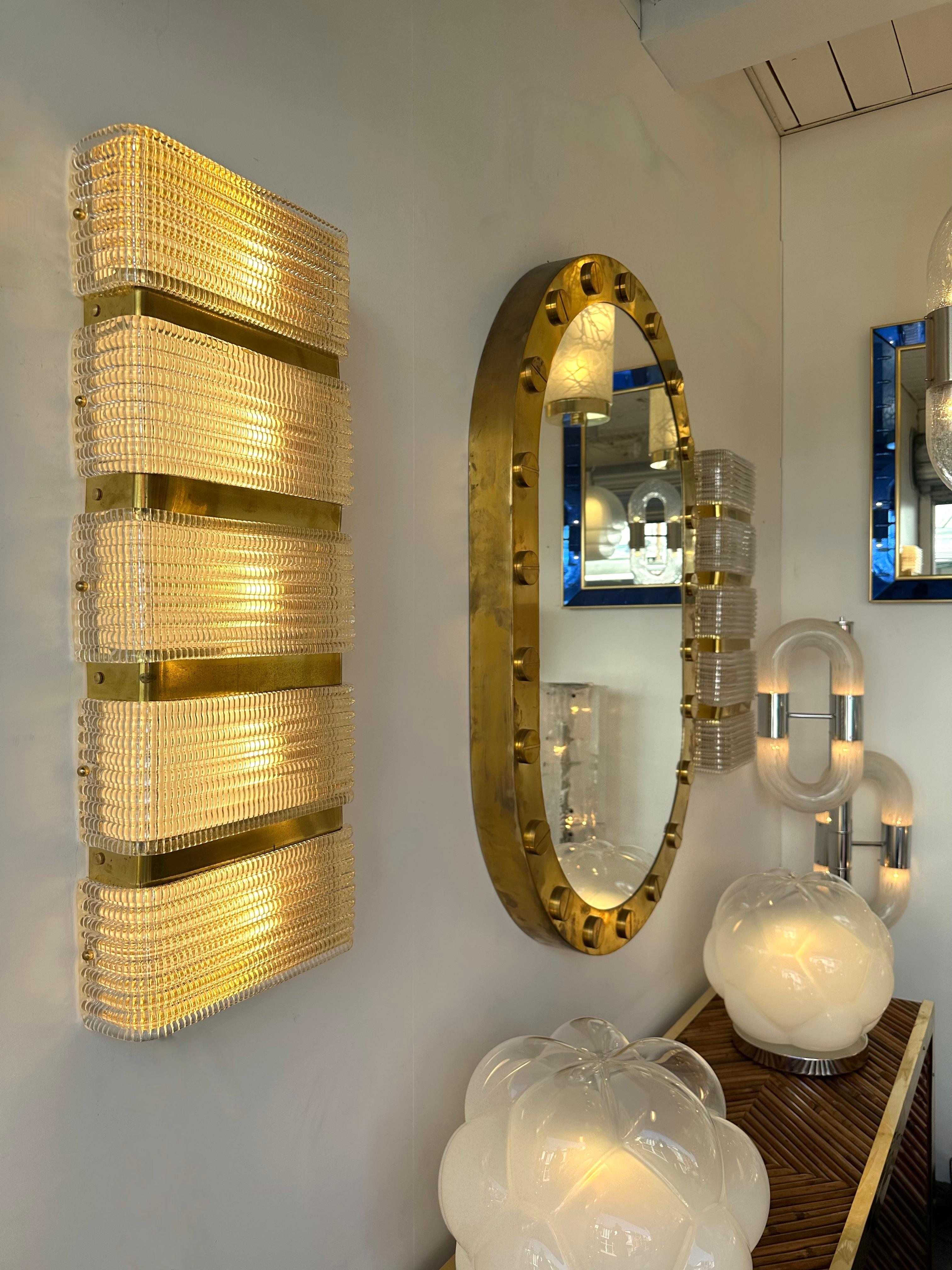 Mid-Century Modern Contemporary Pair of Brass and Murano Glass Sconces, Italy For Sale