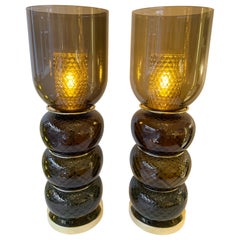 Contemporary Pair of Brass and Murano Glass Smoke Honeycomb Shades Lamps, Italy