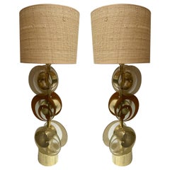 Paire contemporaine de lampes à disque en spirale en laiton et verre de Murano, Italie
