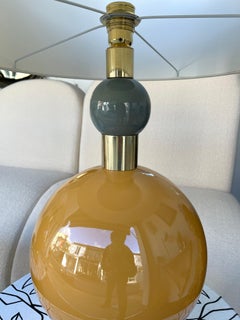 Contemporary Pair of Brass and Orange Murano Glass Ball Lamps, Italy
