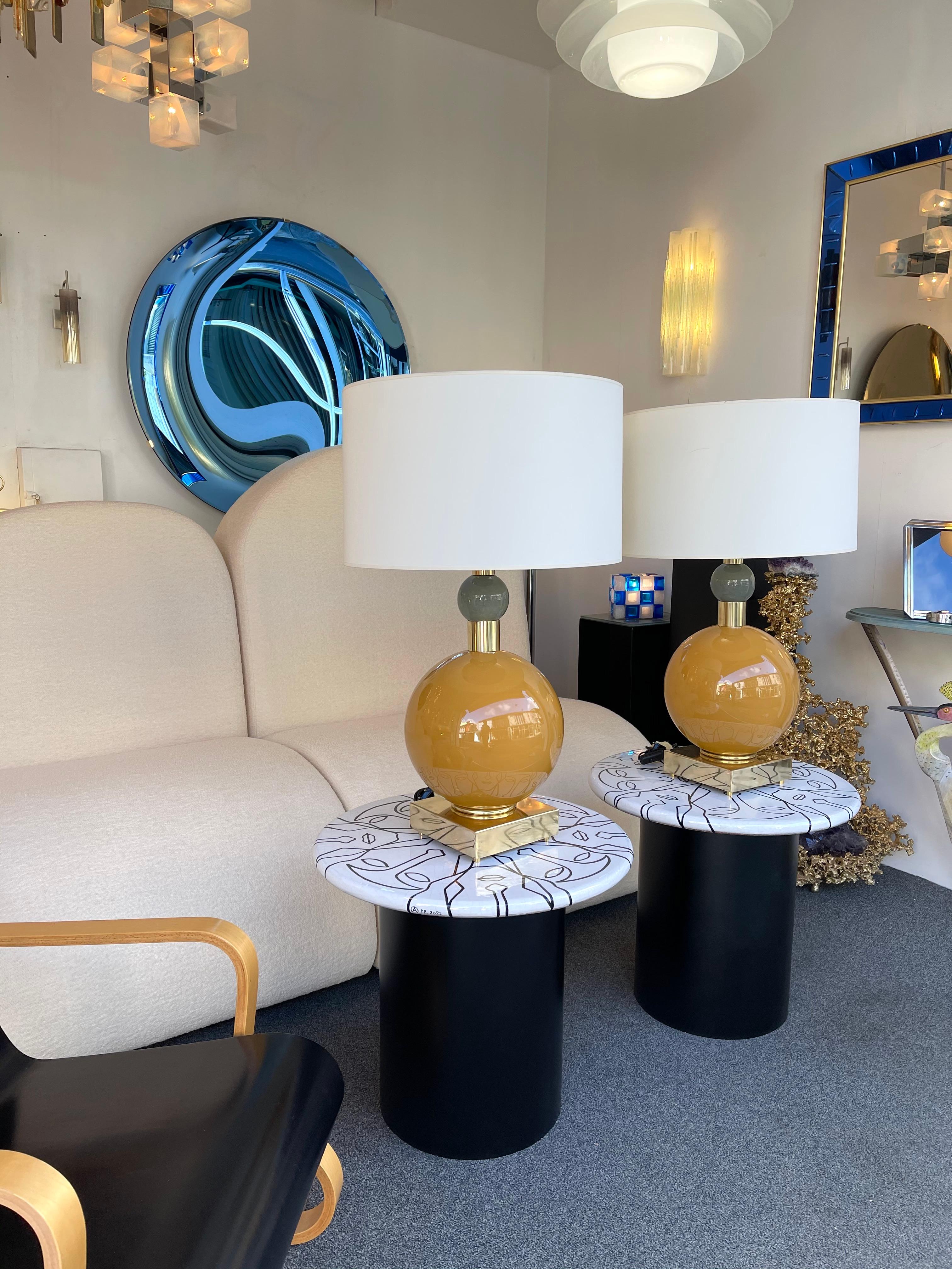 Italian Contemporary Pair of Brass and Orange Murano Glass Ball Lamps, Italy