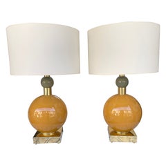 Contemporary Pair of Brass and Orange Murano Glass Ball Lamps, Italy Contemporary Pair of Brass and Orange Murano Glass Ball Lamps, Italy