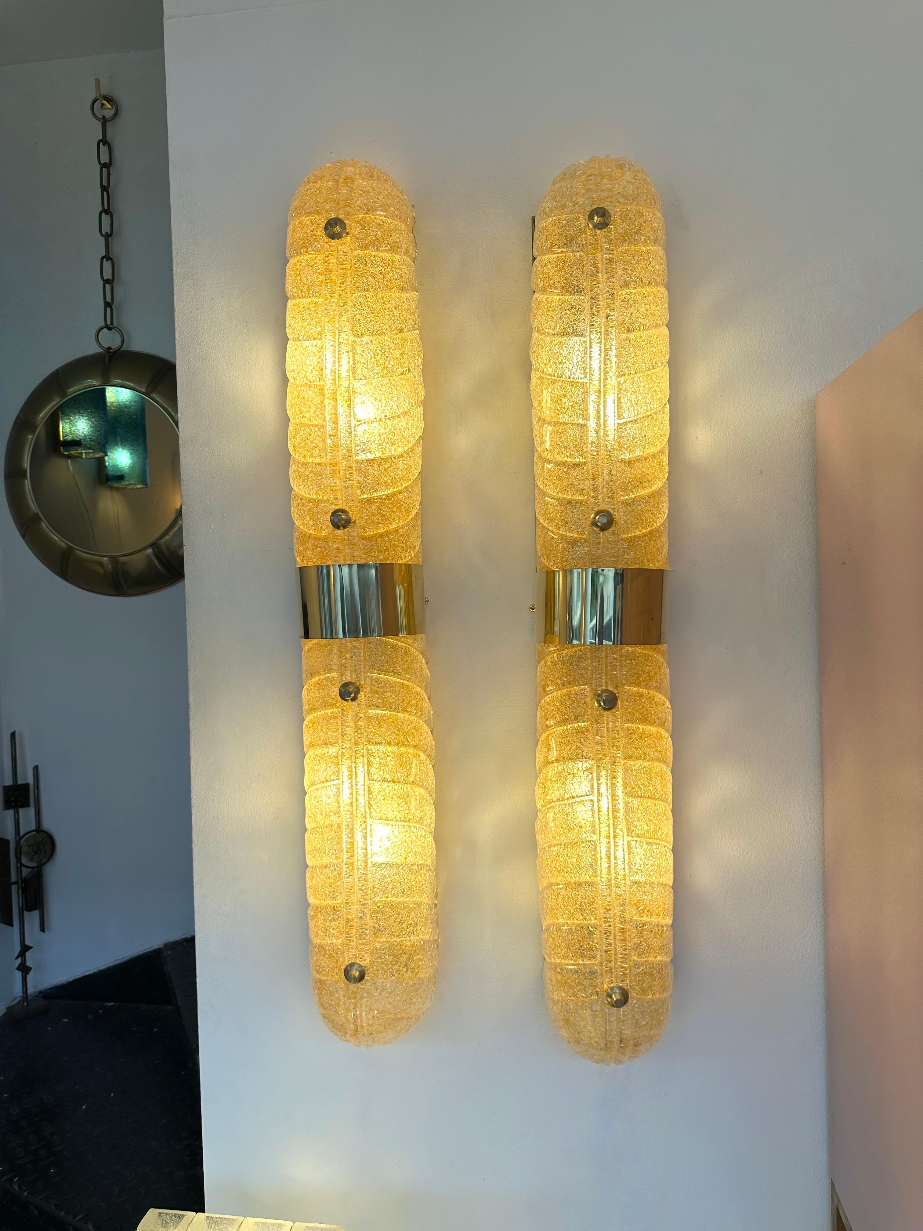 Italian Contemporary Pair of Brass and Palm Murano Glass Sconces, Italy For Sale