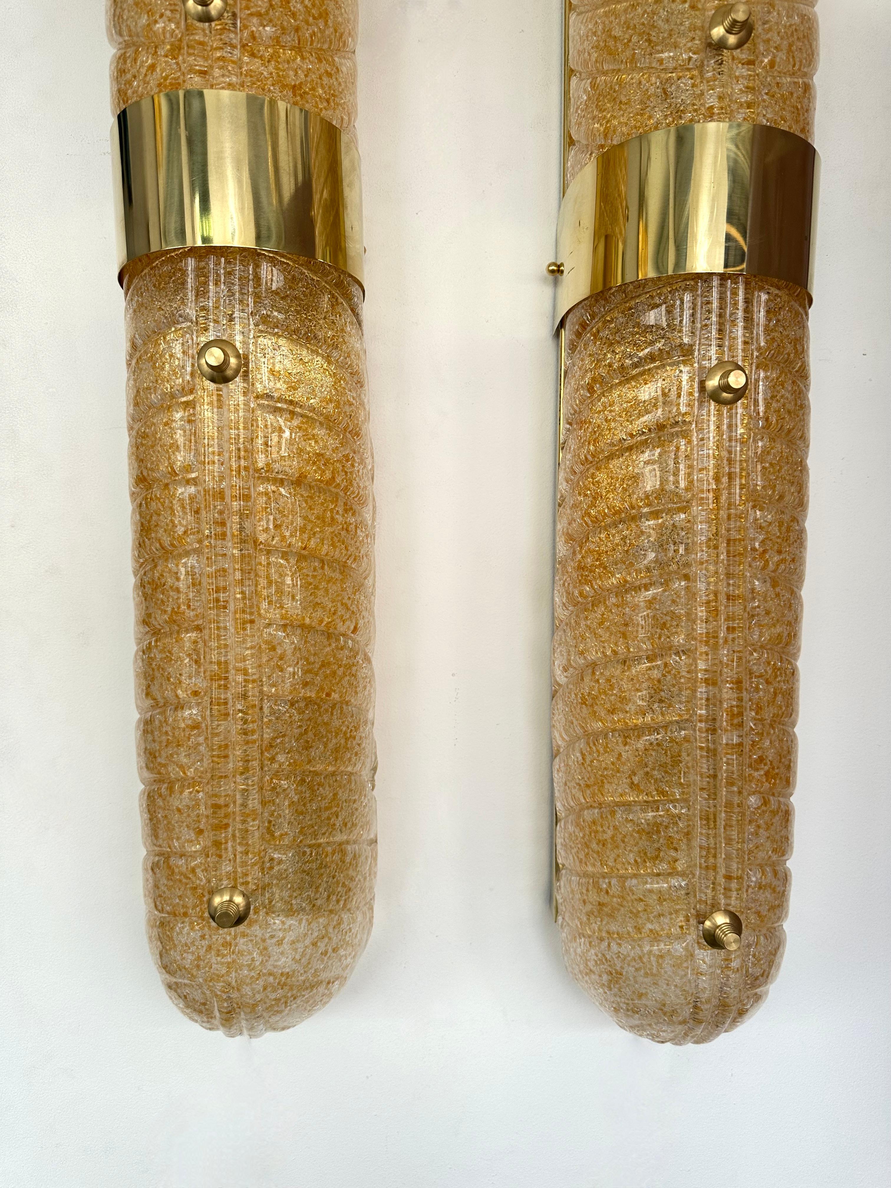 Contemporary Pair of Brass and Palm Murano Glass Sconces, Italy For Sale 4