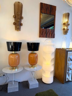 Contemporary Pair of Brass and Peach Murano Glass Black Shades Lamps, Italy