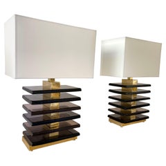 Contemporary Pair of Brass and Purple Murano Glass Blade Lamps, Italy