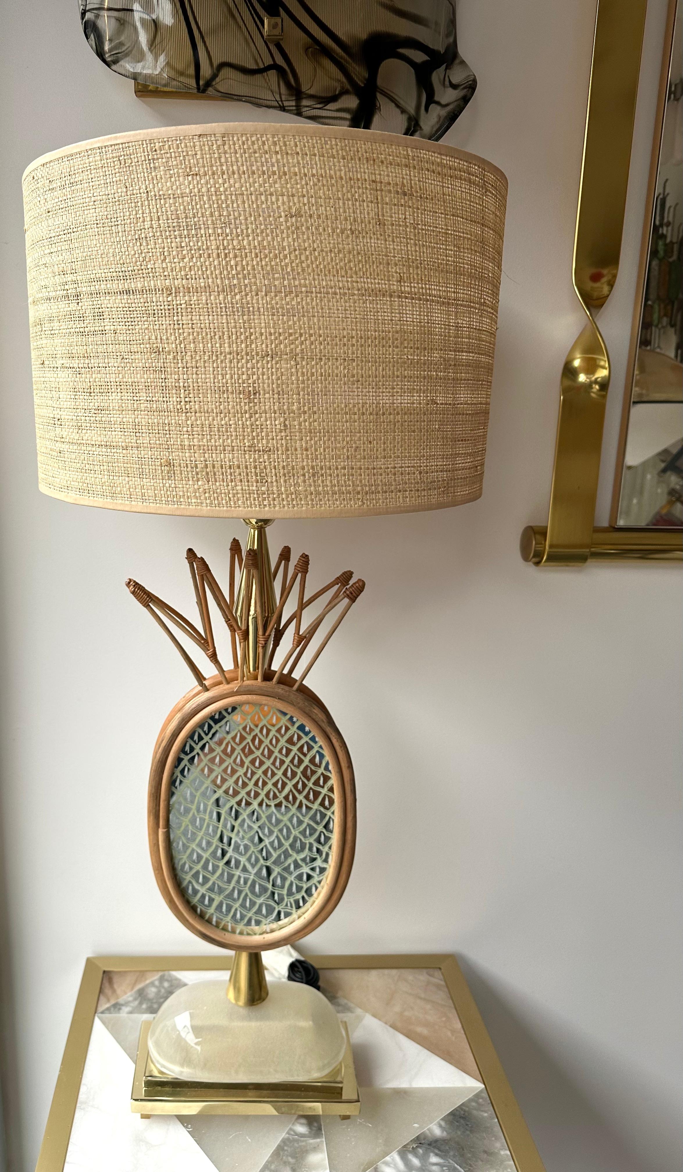 Contemporary Pair of Brass and Rattan Pineapple Mirror Lamps, Italy 3