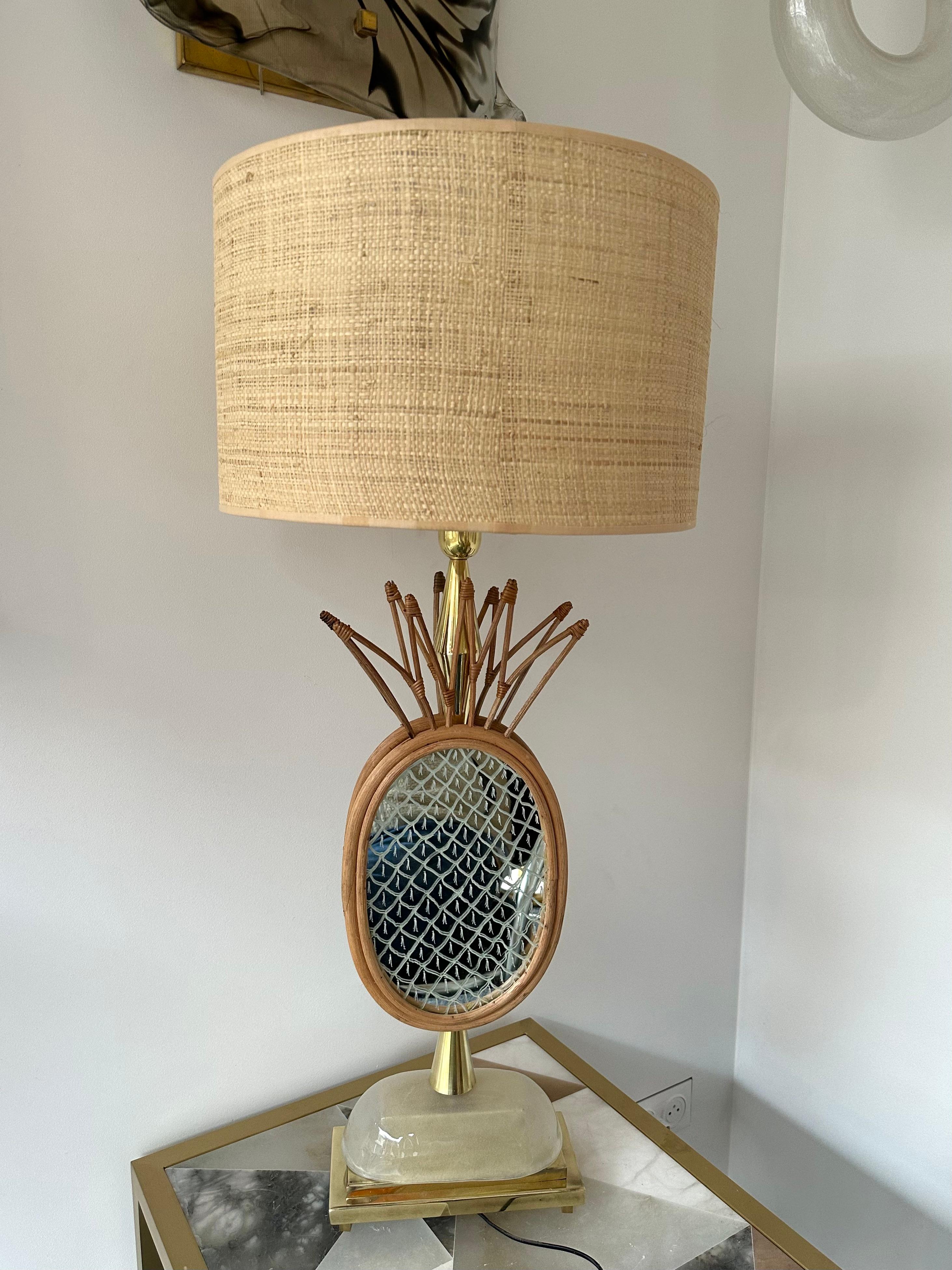 Contemporary Pair of Brass and Rattan Pineapple Mirror Lamps, Italy 4