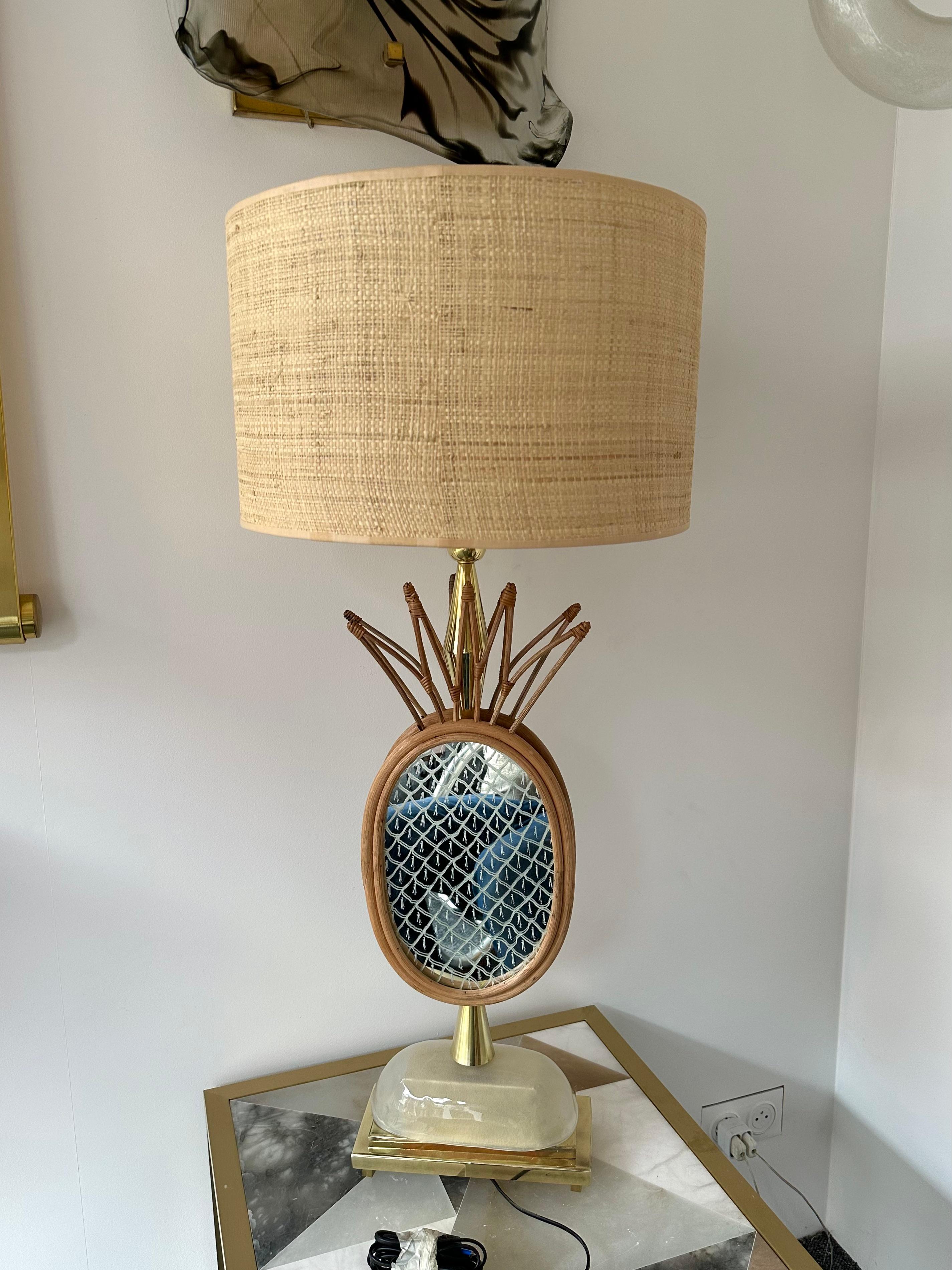 Contemporary Pair of Brass and Rattan Pineapple Mirror Lamps, Italy 5