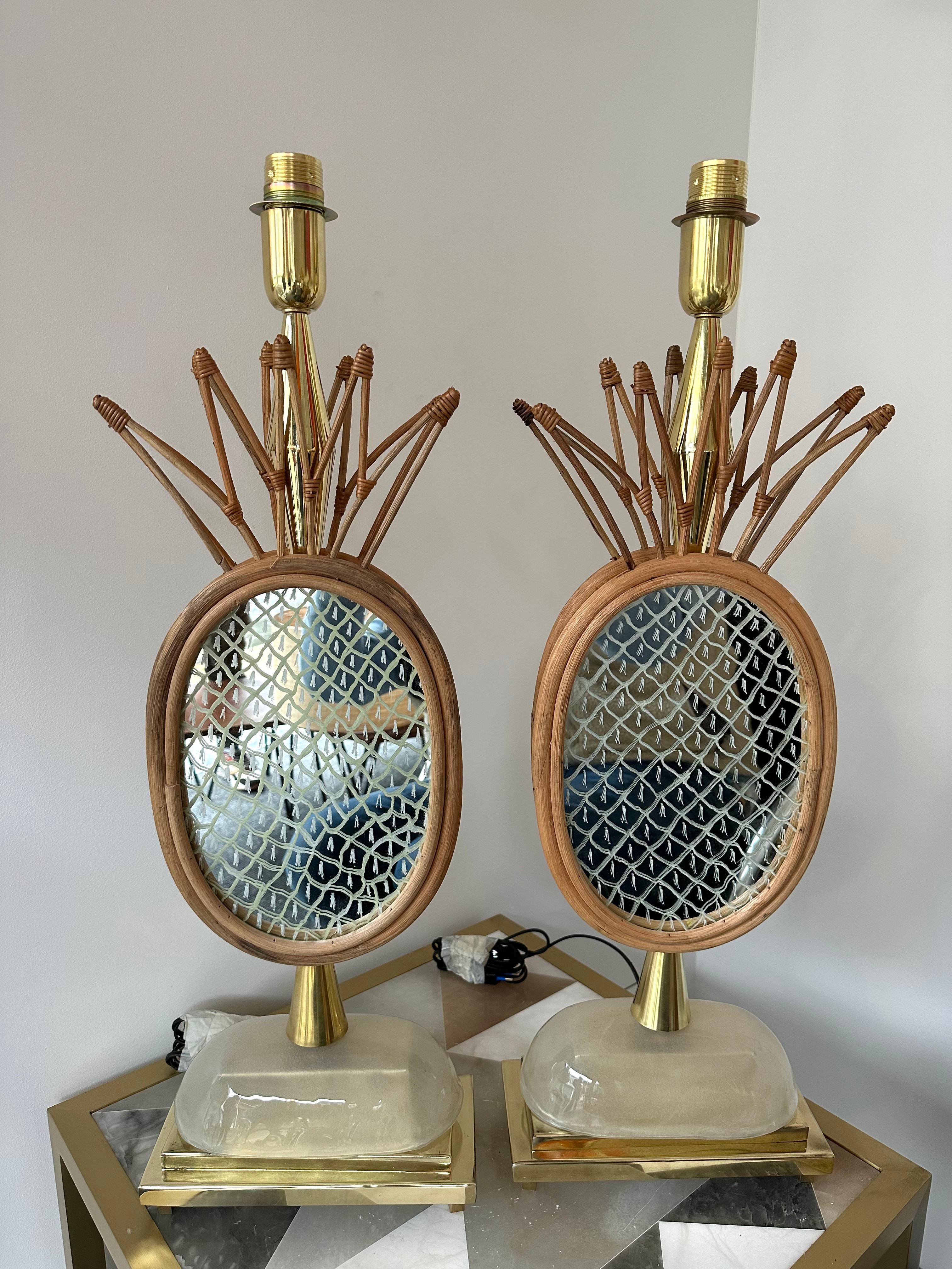 Contemporary Pair of Brass and Rattan Pineapple Mirror Lamps, Italy 6