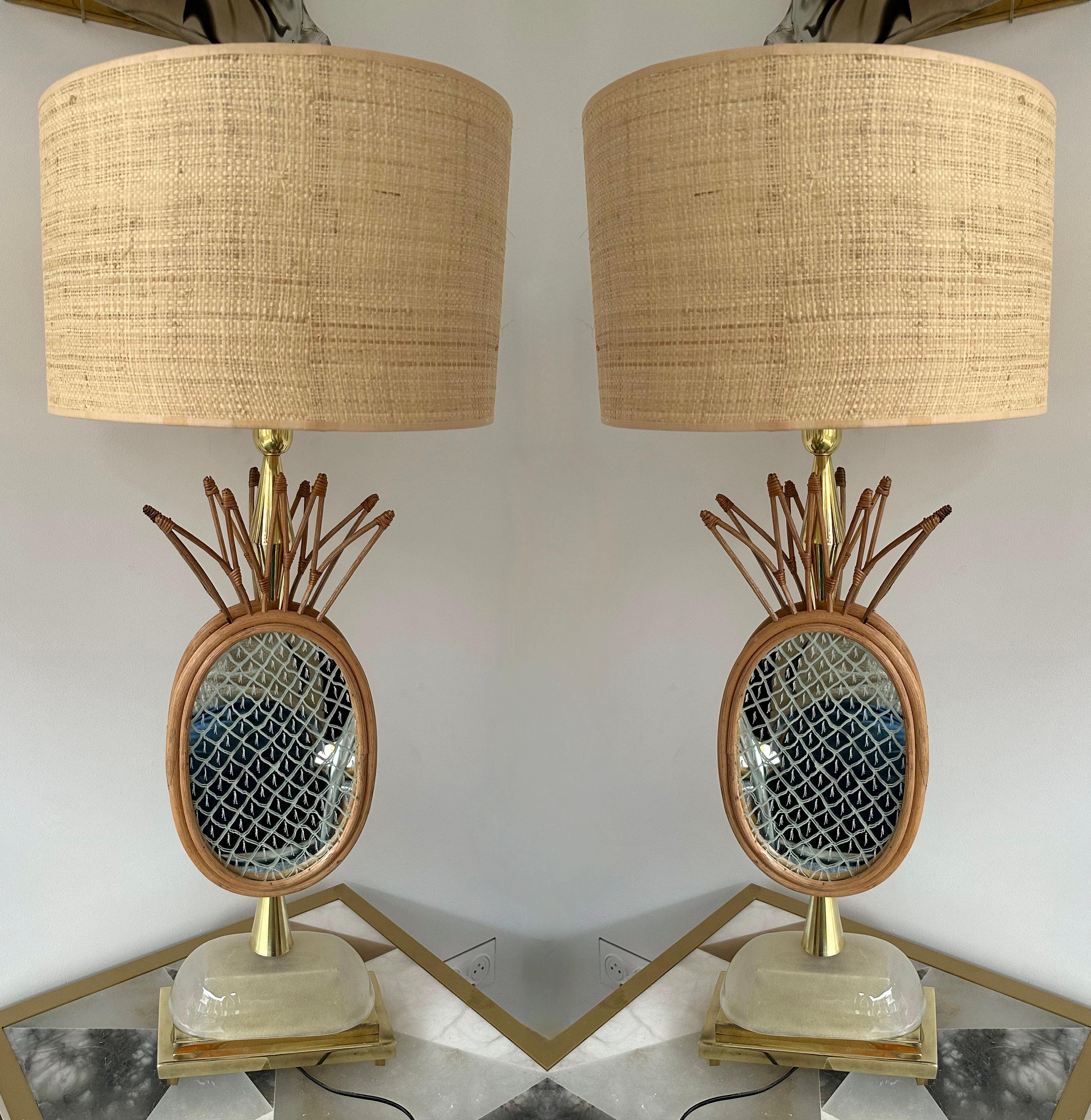 Mid-Century Modern Contemporary Pair of Brass and Rattan Pineapple Mirror Lamps, Italy