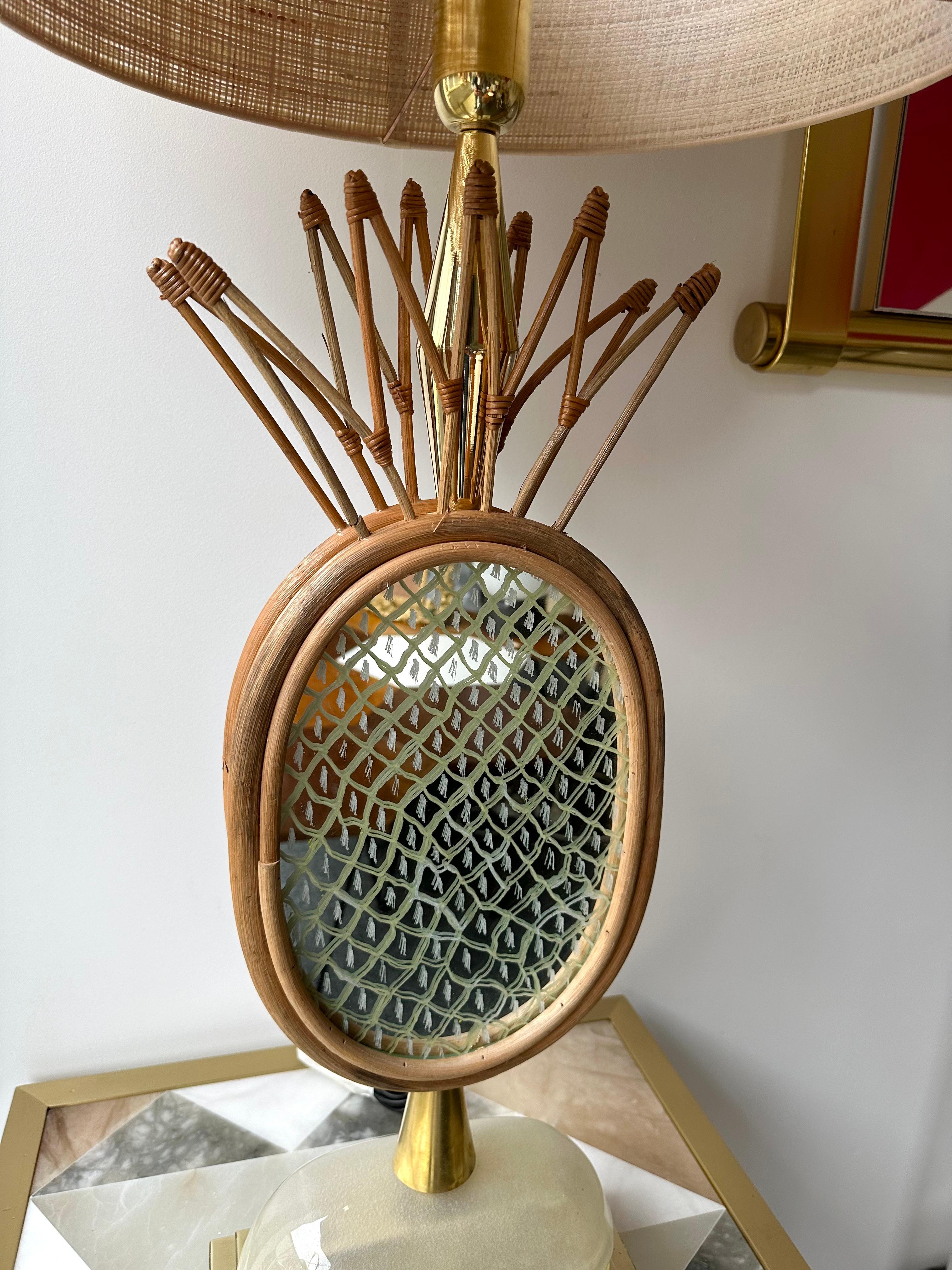 Contemporary Pair of Brass and Rattan Pineapple Mirror Lamps, Italy In New Condition In SAINT-OUEN, FR