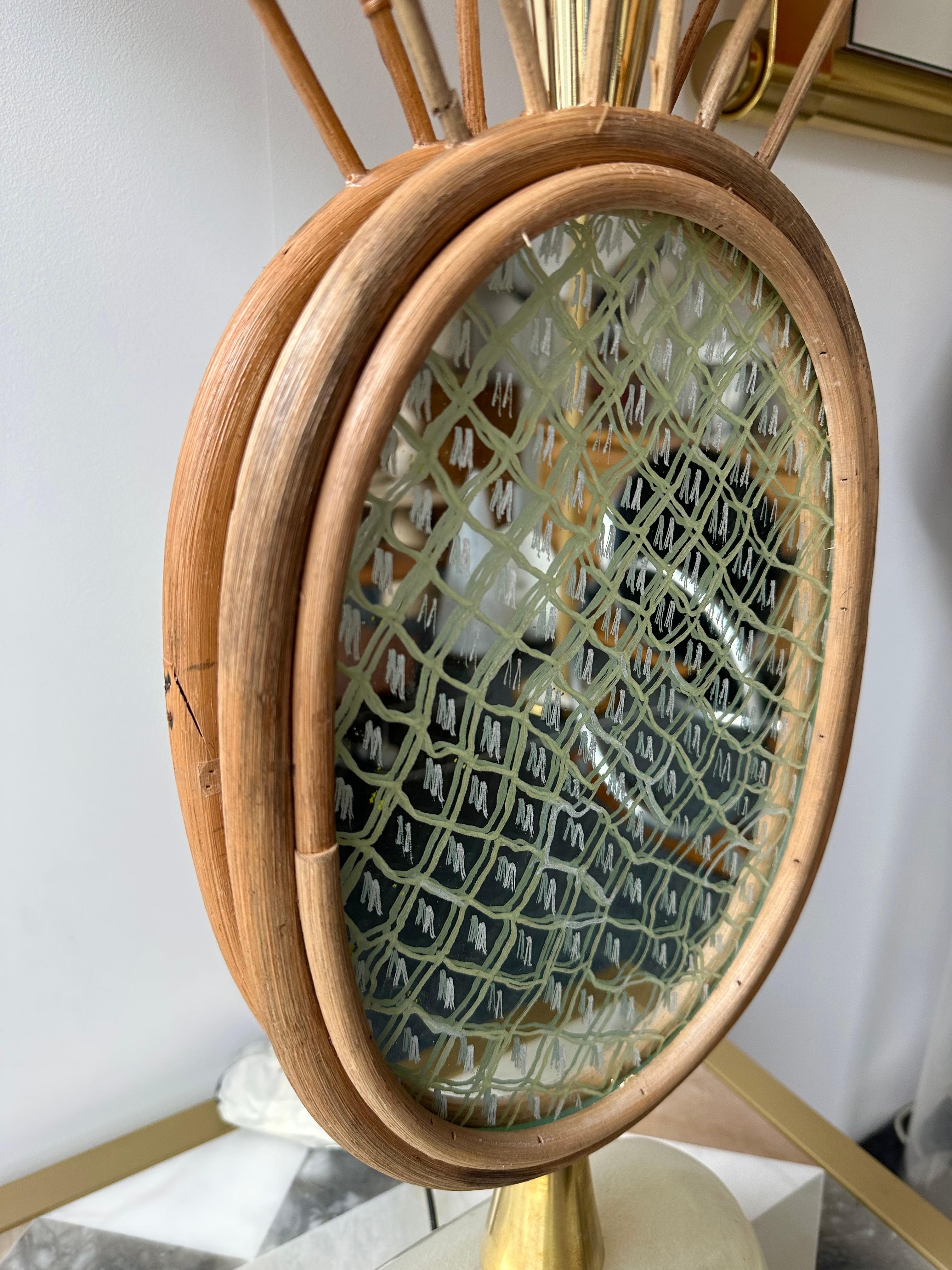 Contemporary Pair of Brass and Rattan Pineapple Mirror Lamps, Italy 1