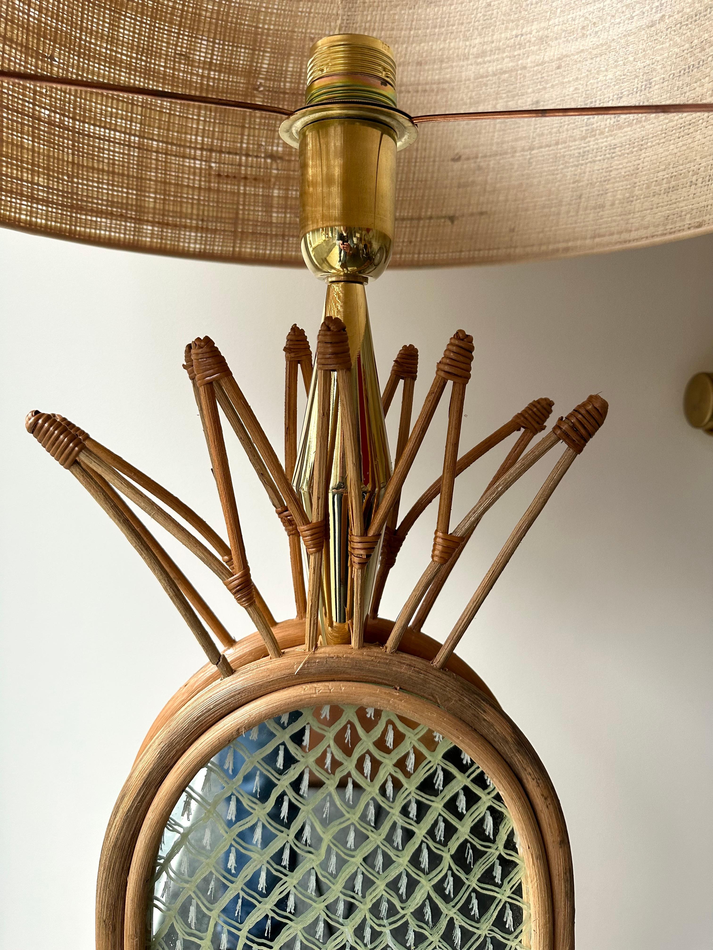 Contemporary Pair of Brass and Rattan Pineapple Mirror Lamps, Italy 2