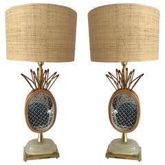 Contemporary Pair of Brass and Rattan Pineapple Mirror Lamps, Italy