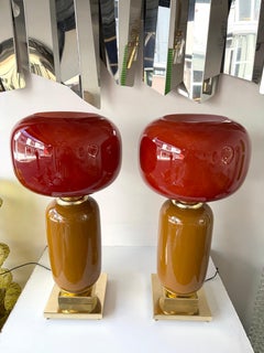 Contemporary Pair of Brass and Red Murano Glass Bulb Shade Lamps, Italy
