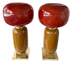 Contemporary Pair of Brass and Red Murano Glass Bulb Shade Lamps, Italy