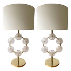 Contemporary Pair of Brass and Rock Crystal Circle Lamps, Italy