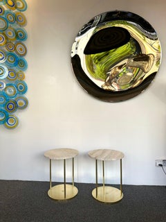 Contemporary Pair of Brass and Travertine Side Tables, Italy