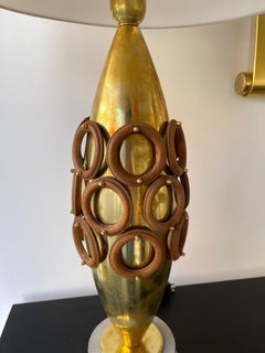 Contemporary Pair of Brass and Wood Rings Lamps, Italy
