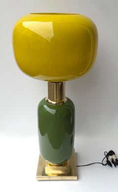 Contemporary Pair of Brass and Yellow Murano Glass Bulb Shade Lamps, Italy