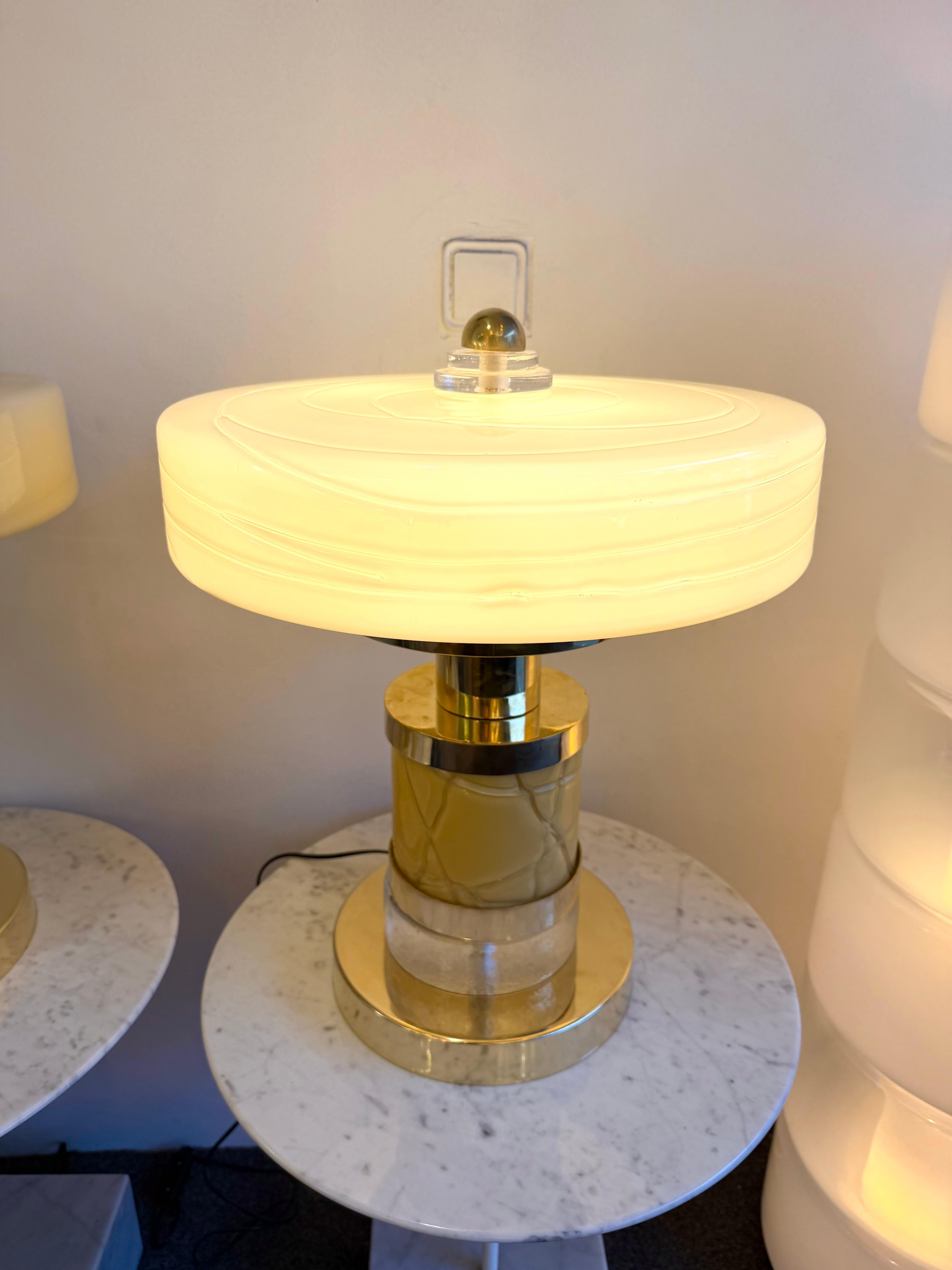 Mid-Century Modern Contemporary Pair of Brass and Yellow Murano Glass Giro Lamps, Italy For Sale