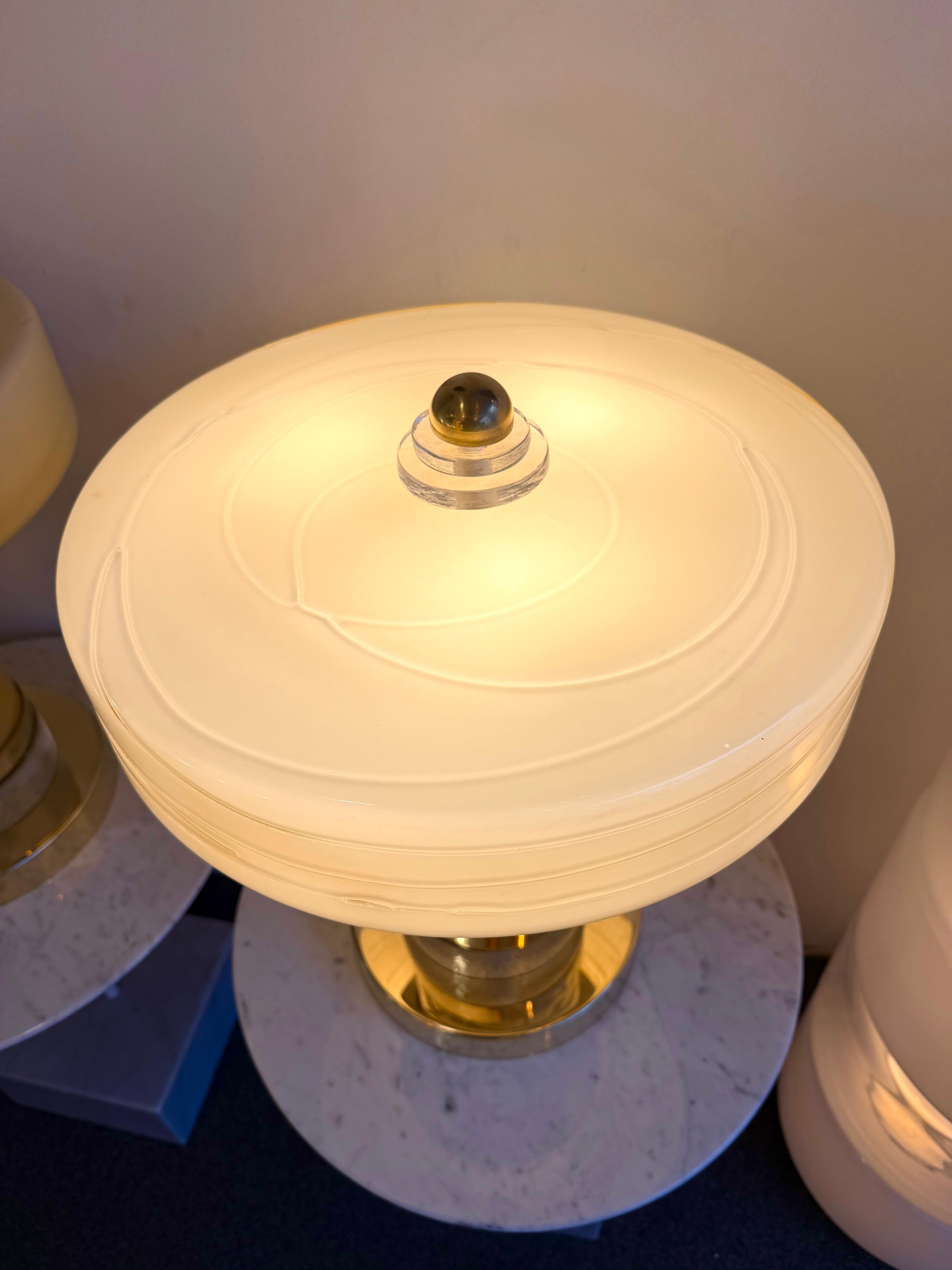 Italian Contemporary Pair of Brass and Yellow Murano Glass Giro Lamps, Italy For Sale