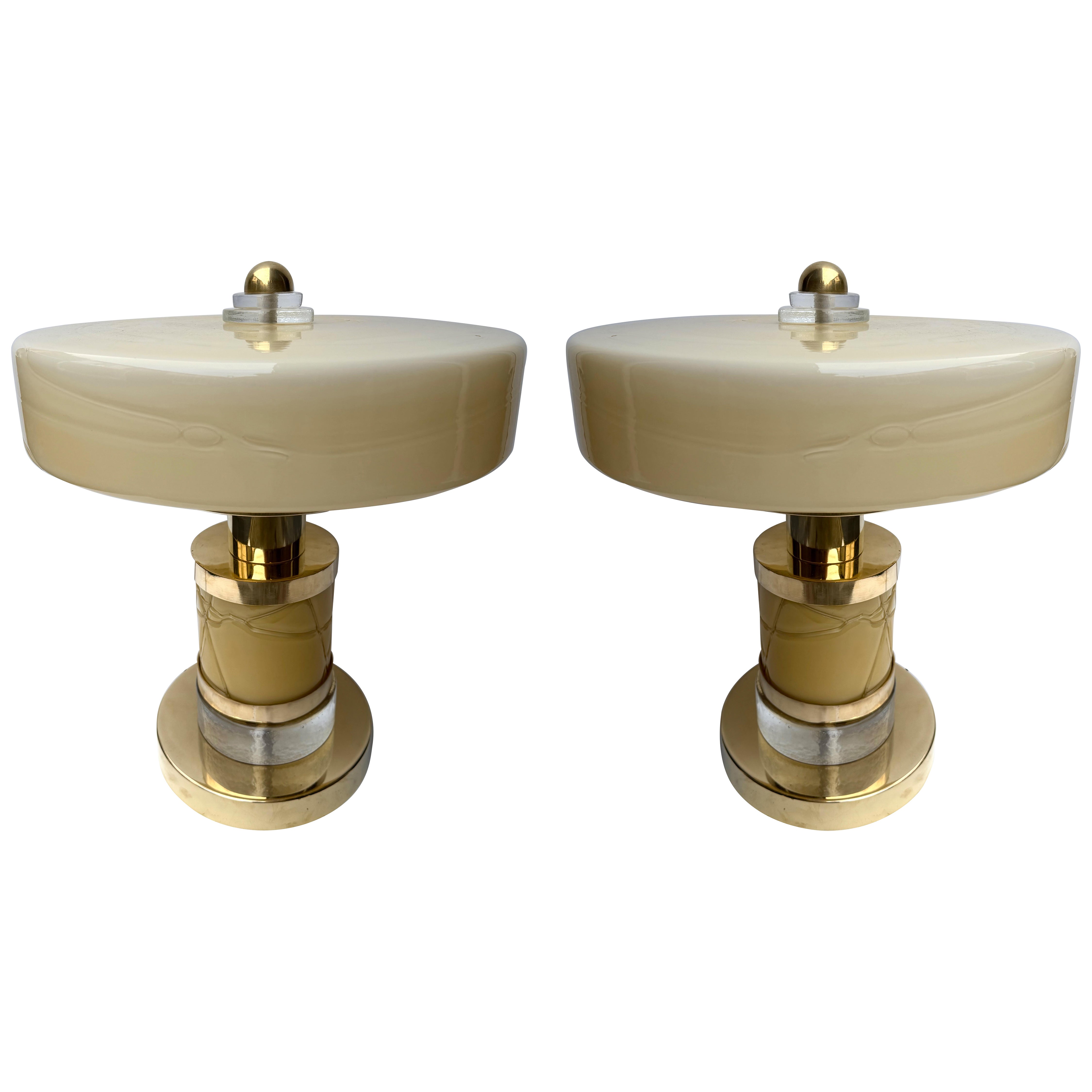 Contemporary Pair of Brass and Yellow Murano Glass Giro Lamps, Italy For Sale