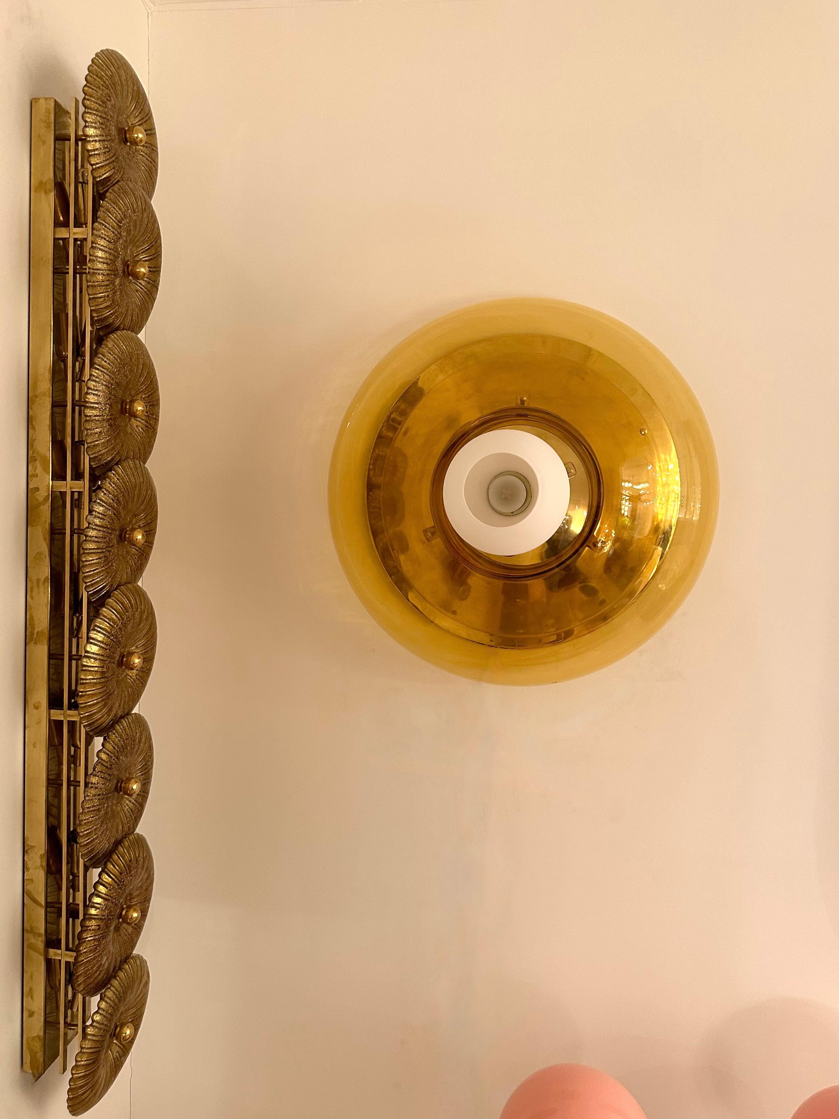 Contemporary Pair of Brass and Yellow Murano Glass UFO Sconces, Italy For Sale 7