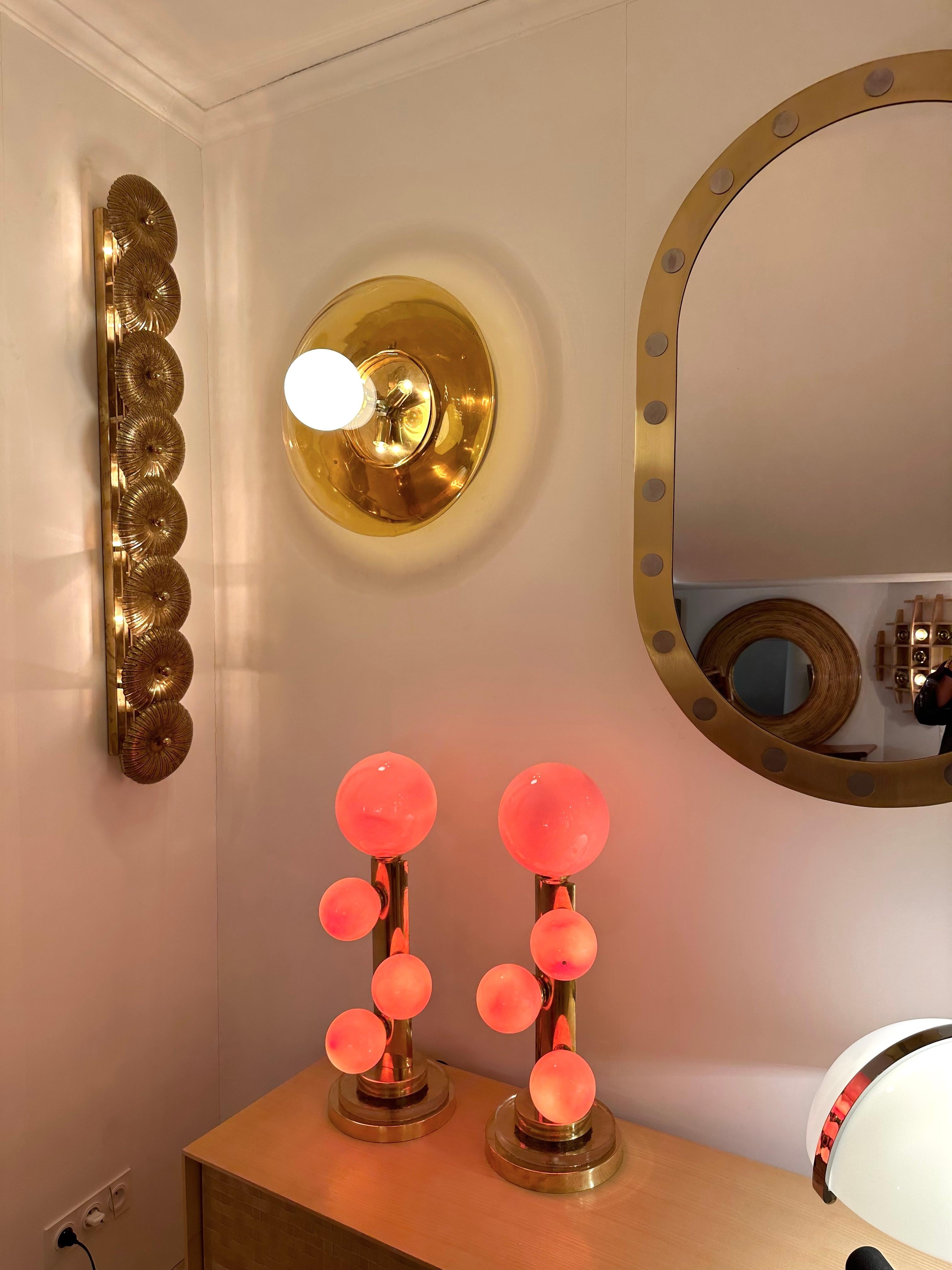 Pair of wall lights lamps sconces UFO in yellow Murano glass, white opaline shade and brass. Contemporary work from a small italian artisanal workshop in a Mid-Century Modern Space Age Hollywood Regency mood.
