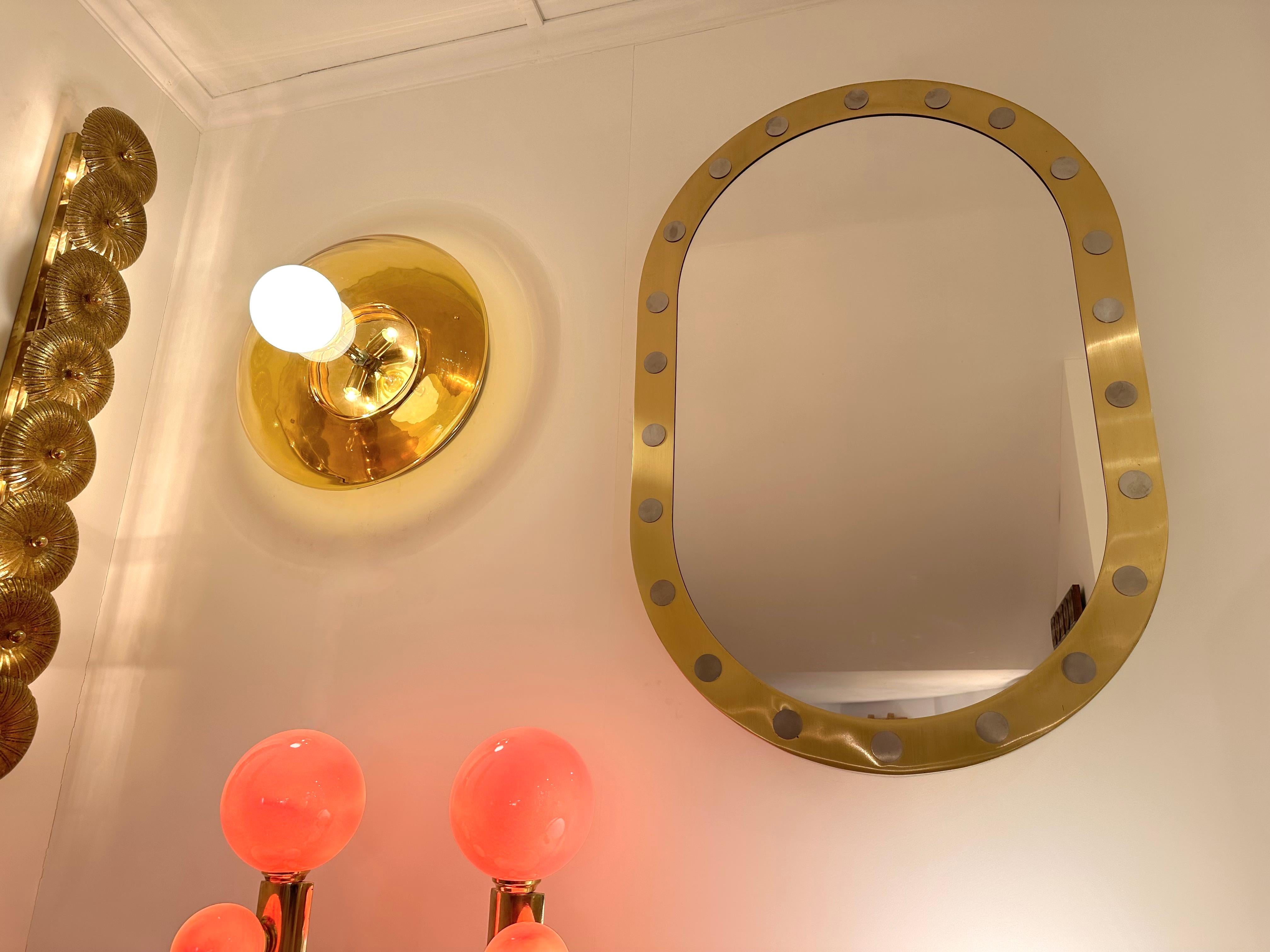 Mid-Century Modern Contemporary Pair of Brass and Yellow Murano Glass UFO Sconces, Italy For Sale