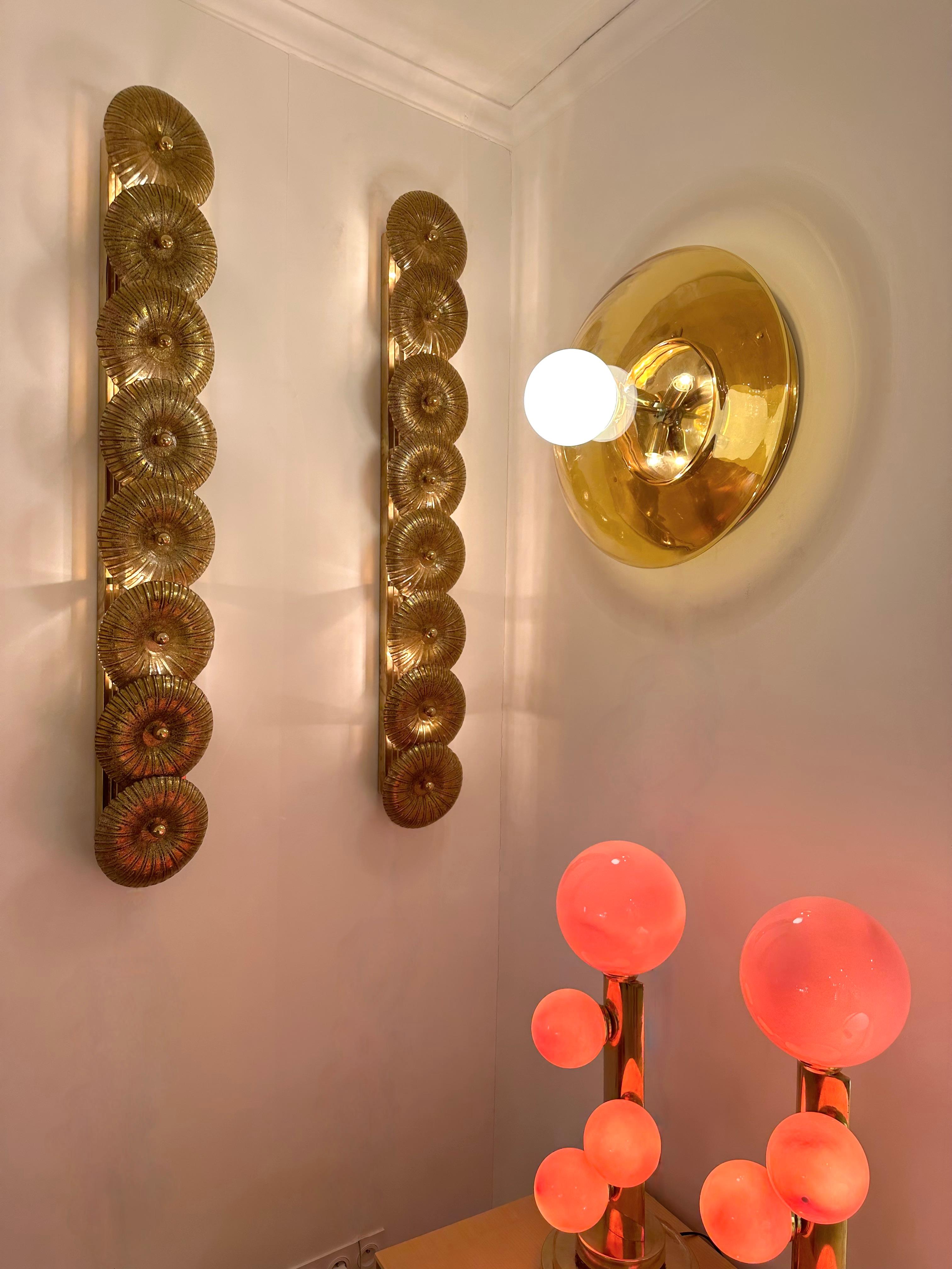 Italian Contemporary Pair of Brass and Yellow Murano Glass UFO Sconces, Italy For Sale