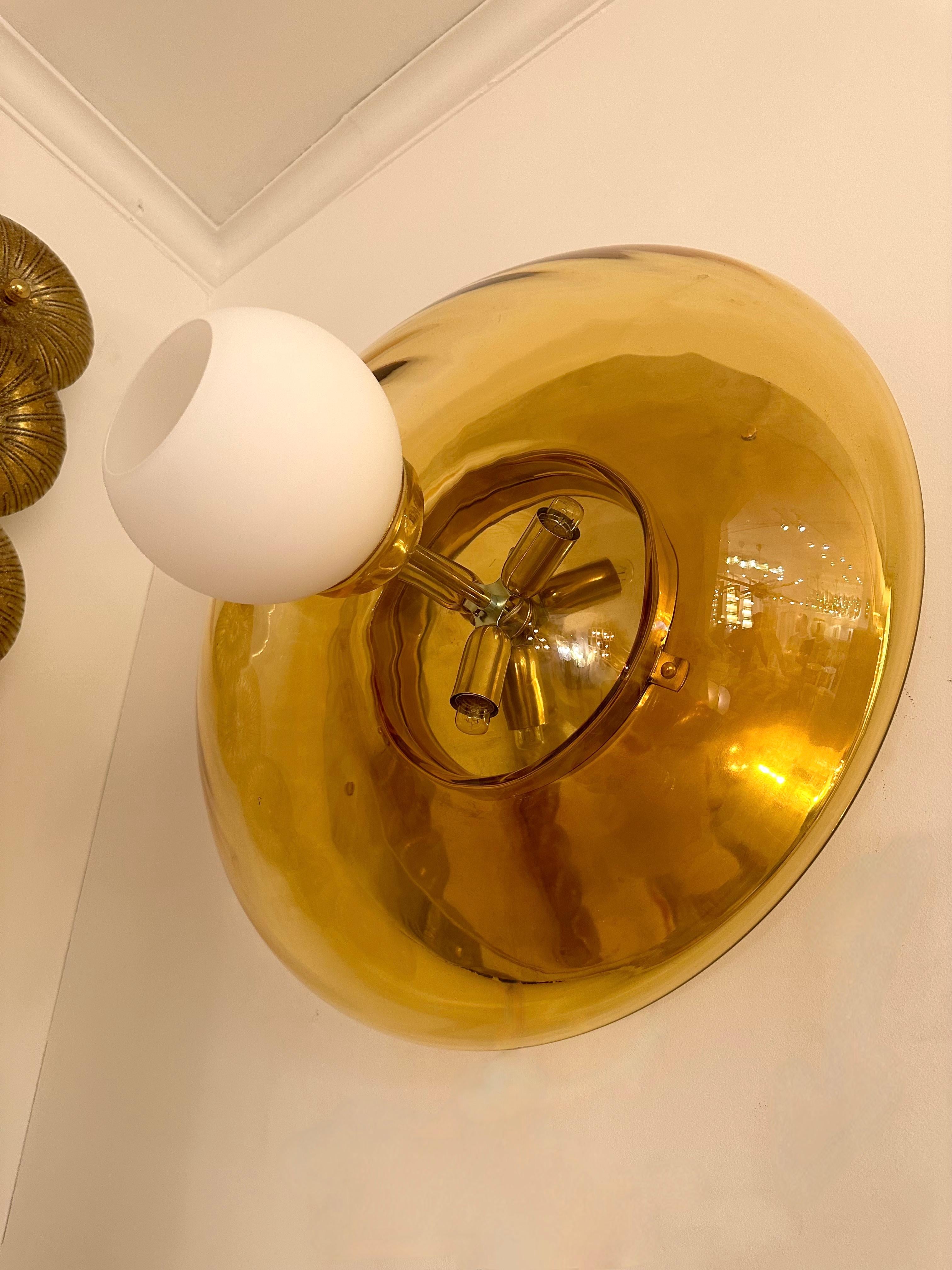 Contemporary Pair of Brass and Yellow Murano Glass UFO Sconces, Italy For Sale 2