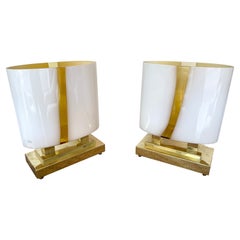 Contemporary Pair of Brass and Yellow Murano Glass Vase Flame Lamps, Italy