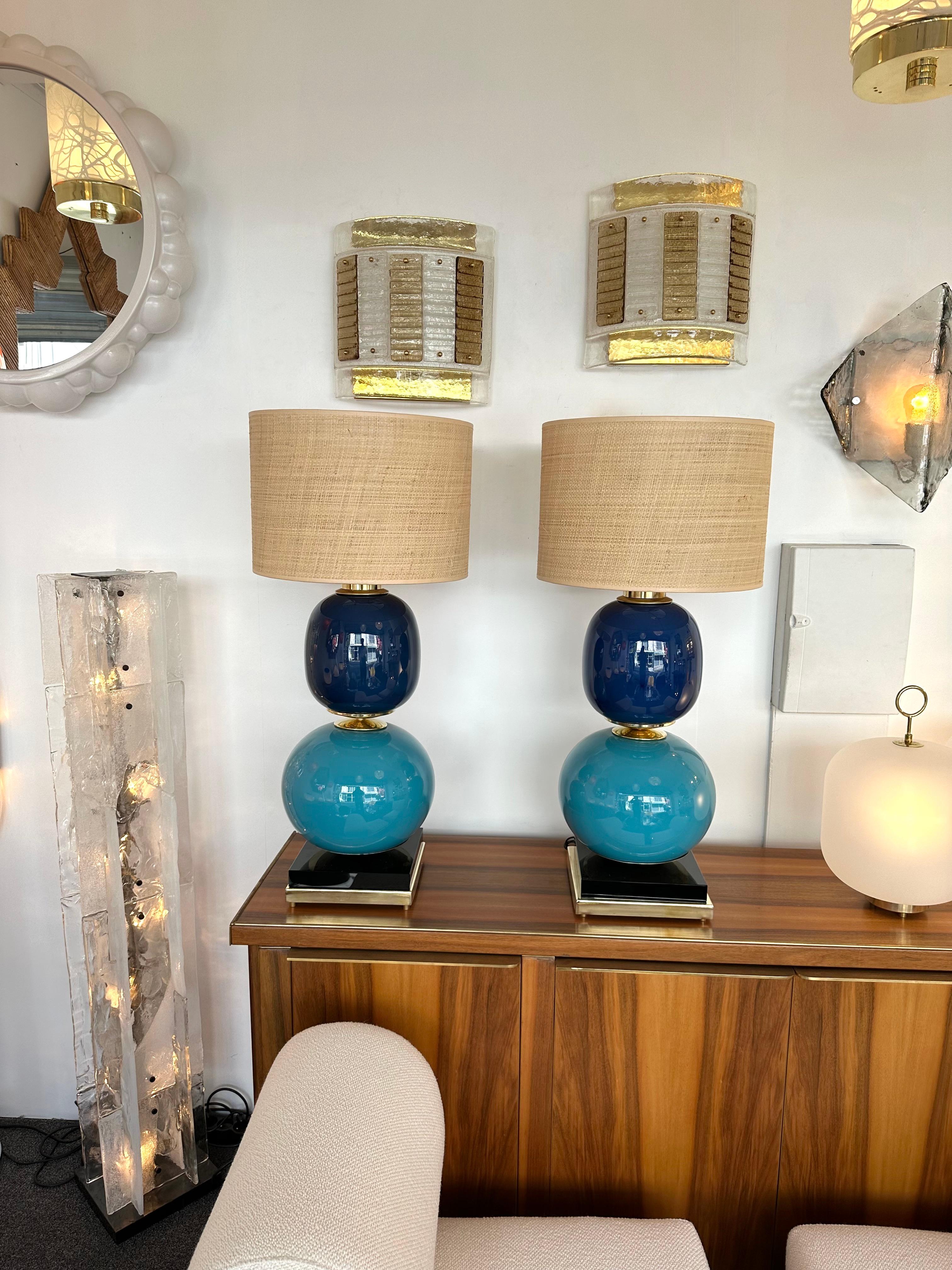 Contemporary Pair of Brass Blue Murano Glass Lamps, Italy 5