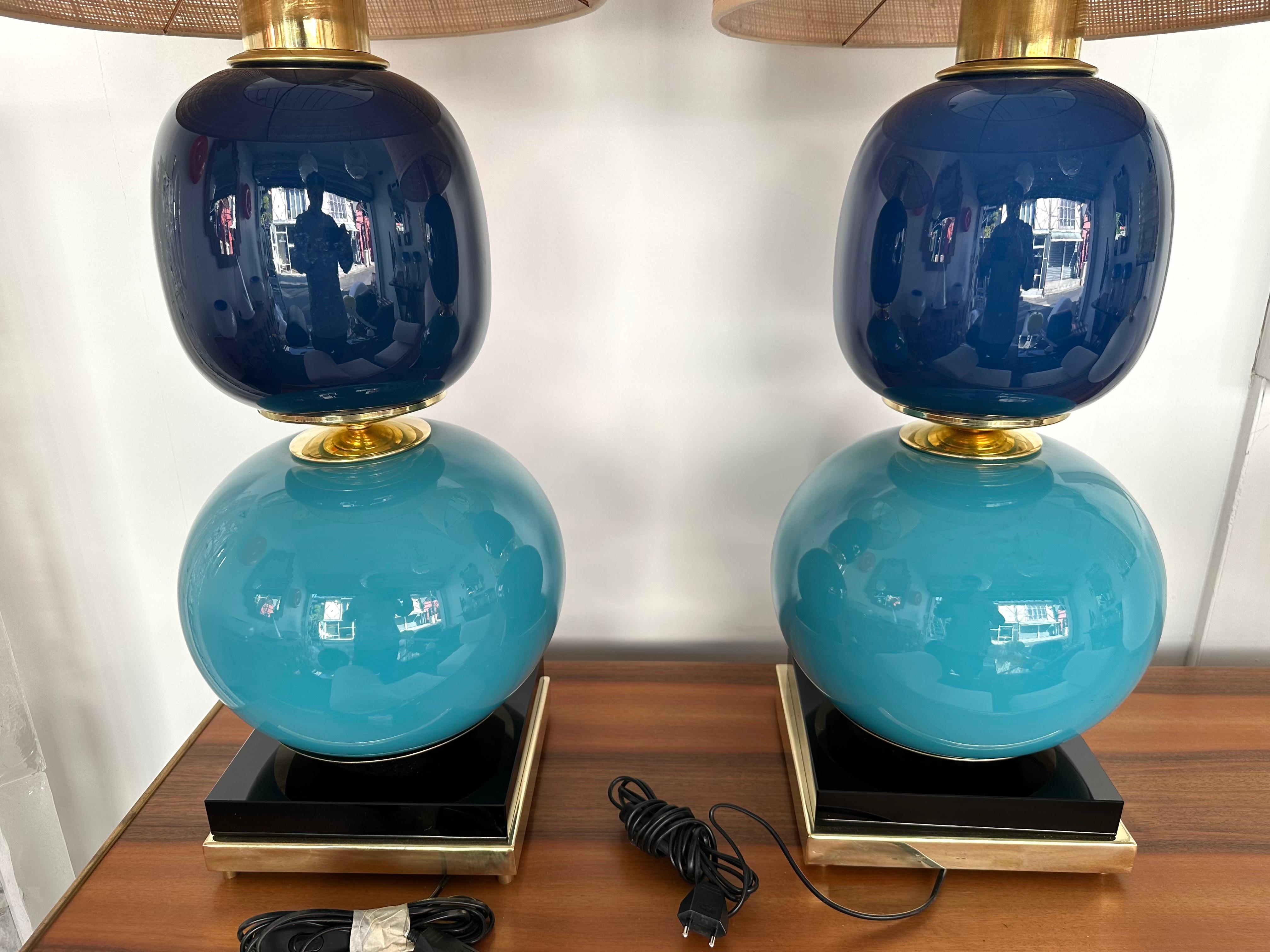 Contemporary Pair of Brass Blue Murano Glass Lamps, Italy 8