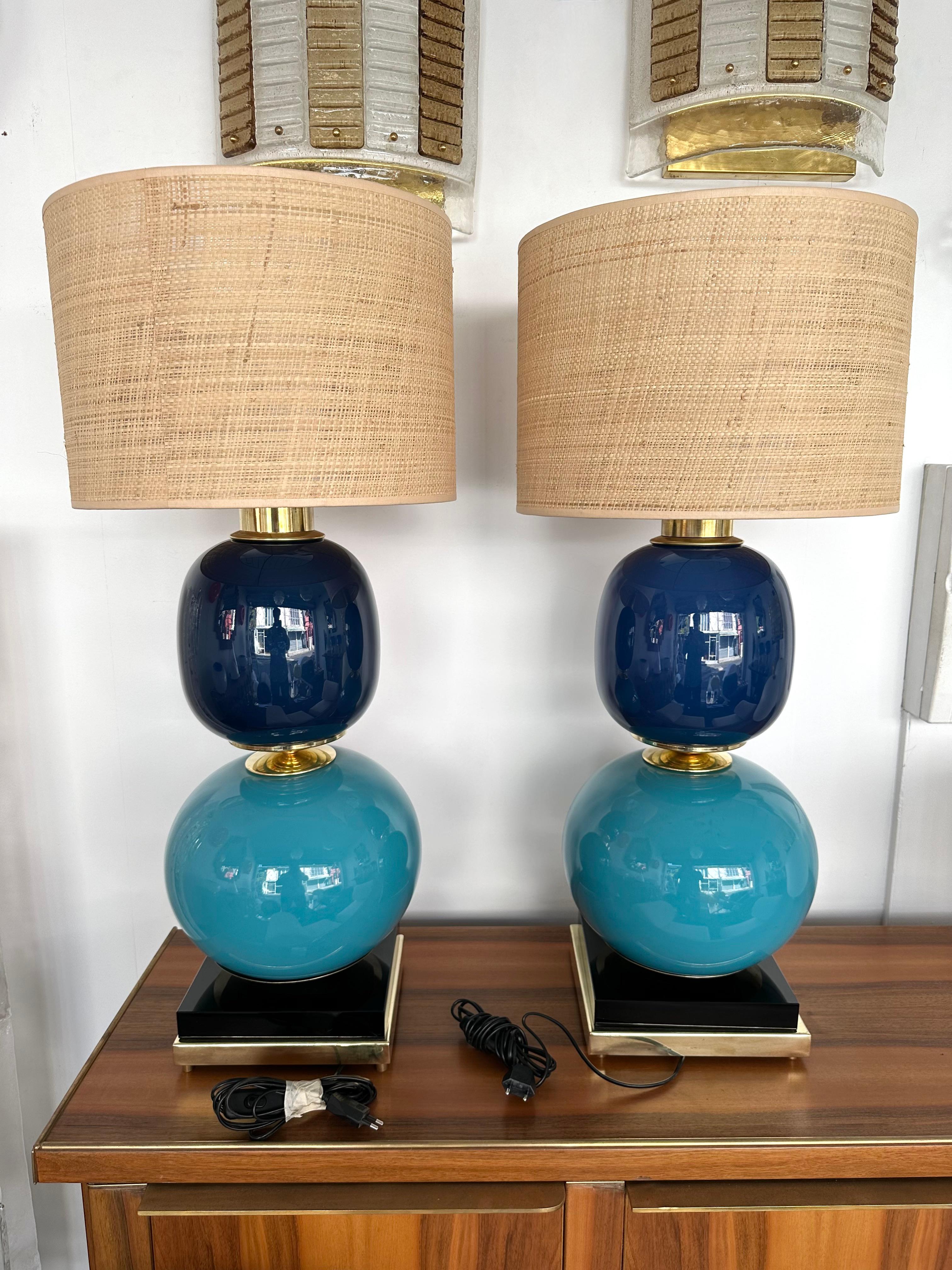 Mid-Century Modern Contemporary Pair of Brass Blue Murano Glass Lamps, Italy
