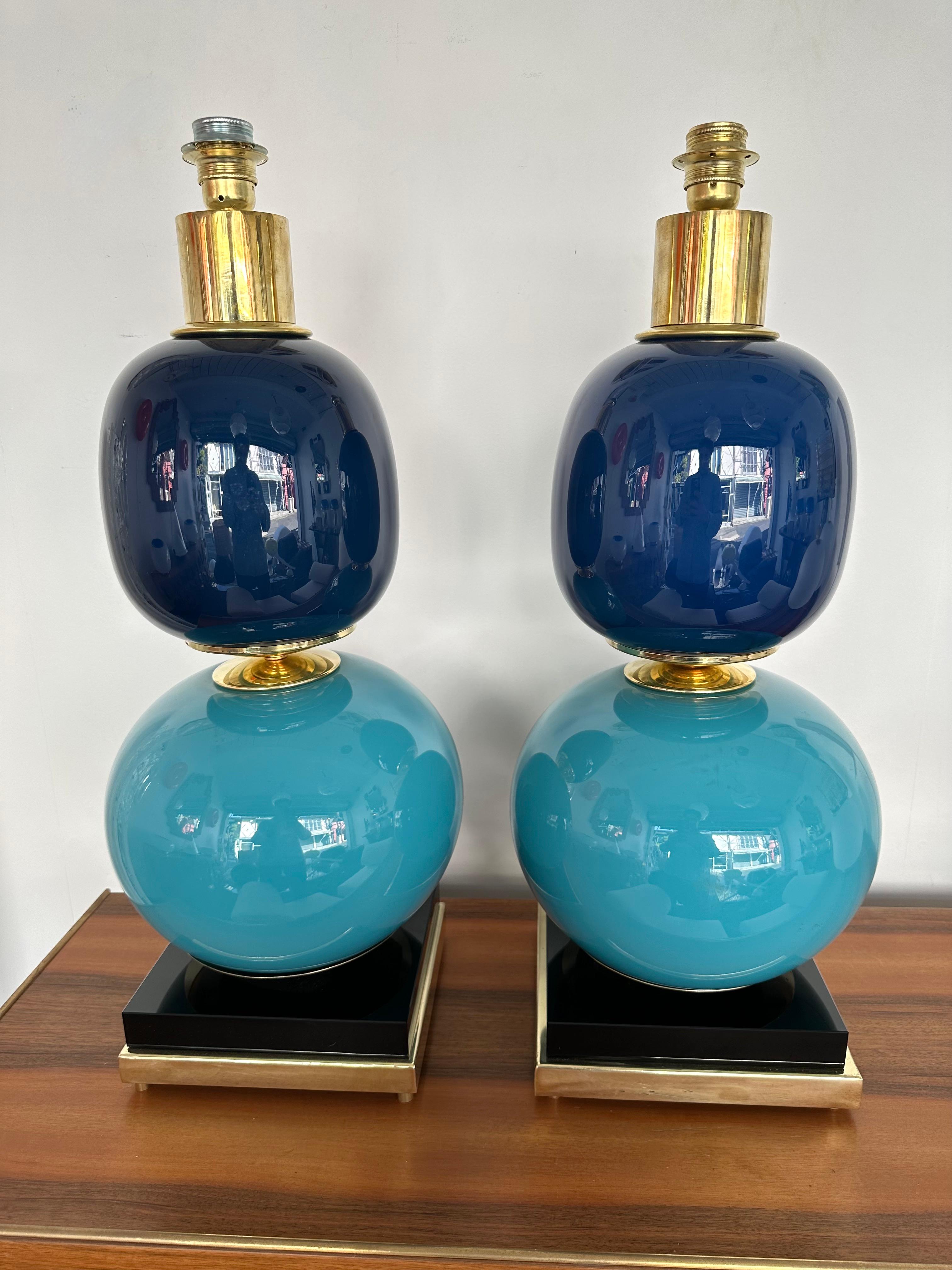 Italian Contemporary Pair of Brass Blue Murano Glass Lamps, Italy