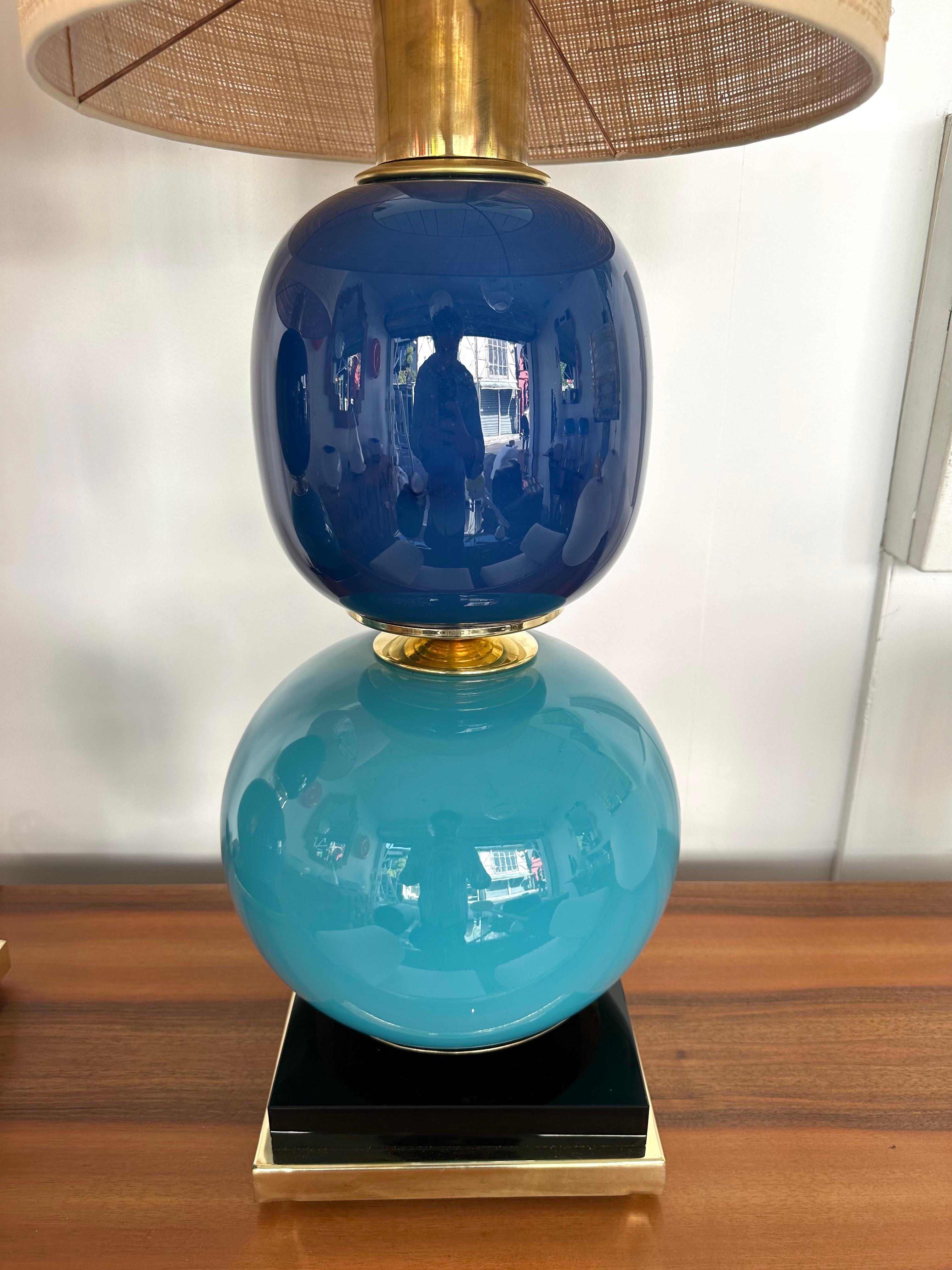 Contemporary Pair of Brass Blue Murano Glass Lamps, Italy 3
