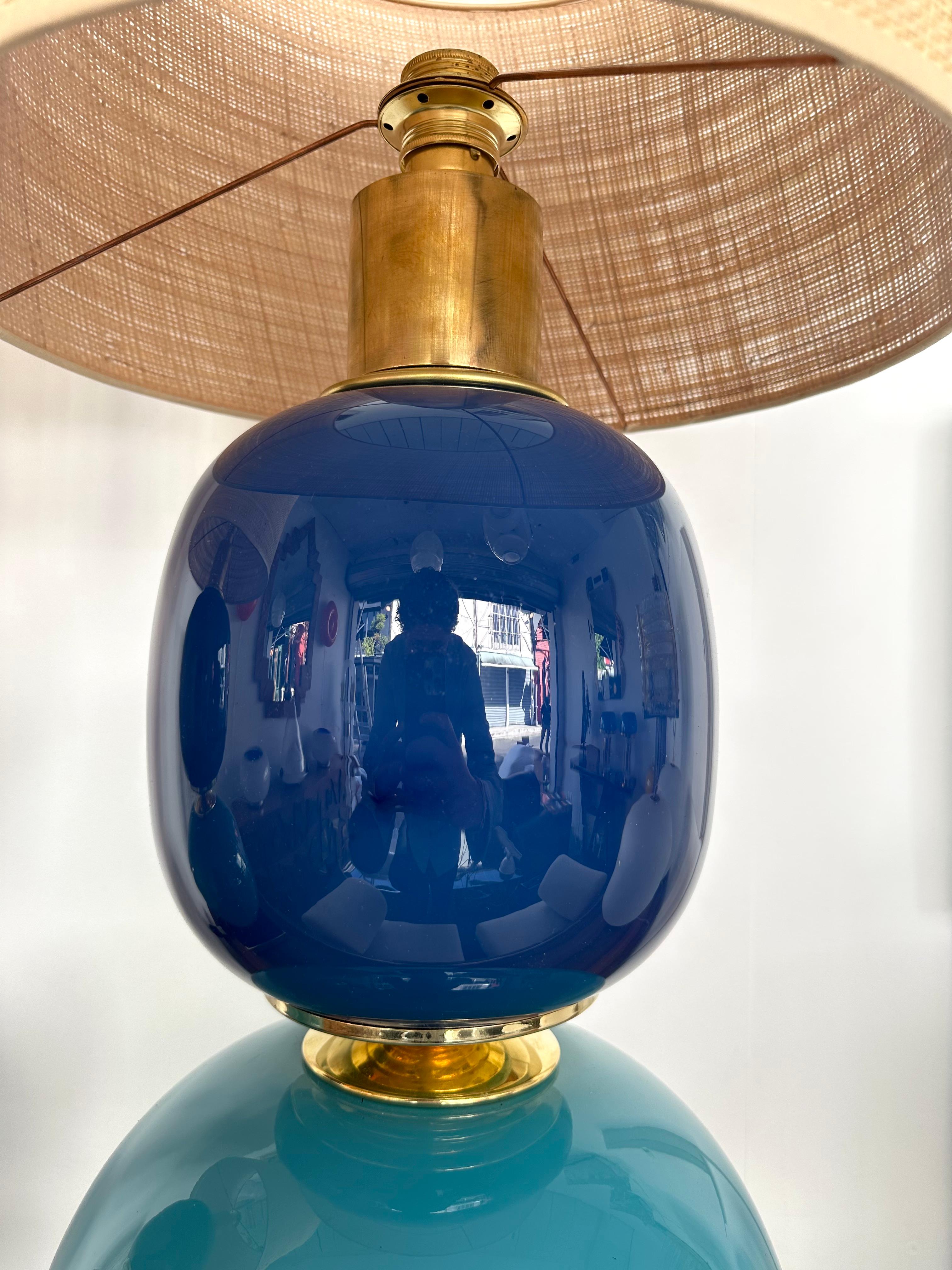 Contemporary Pair of Brass Blue Murano Glass Lamps, Italy 4