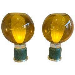 Coppia di lampade a fiamma in ottone, ceramica, vetro di Murano, ambra, Italia