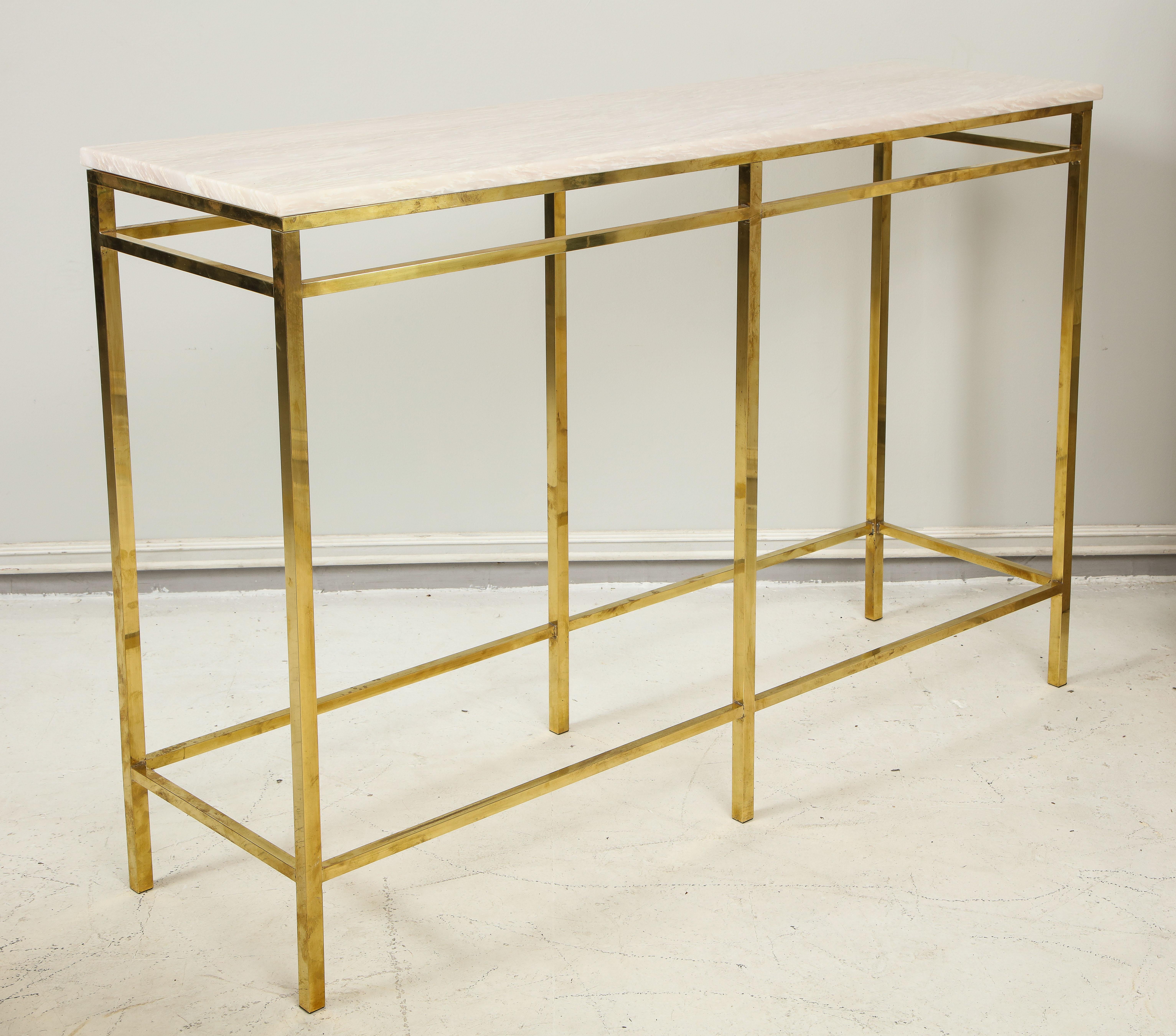 Modern Contemporary Pair of Brass Consoles with Onyx Tops
